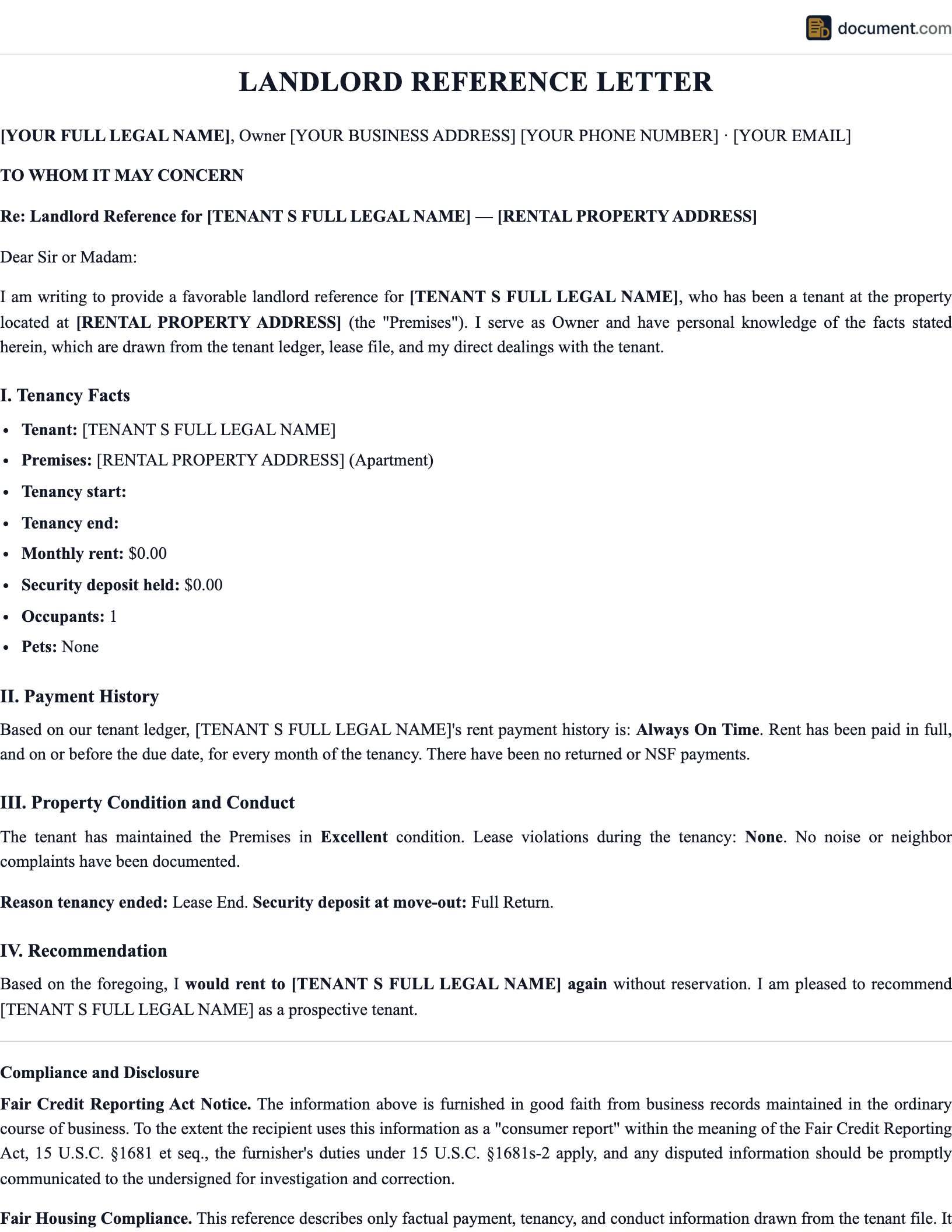 Landlord Reference Letter preview