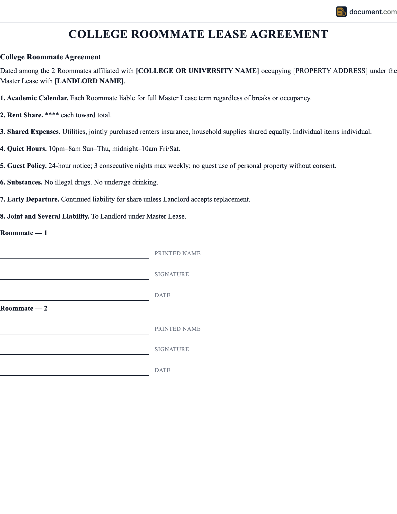 College Roommate Lease Agreement preview