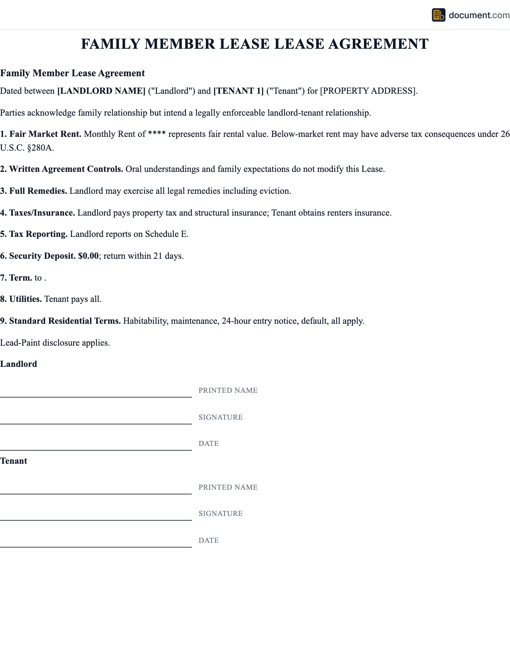 Family Member Lease Lease Agreement preview