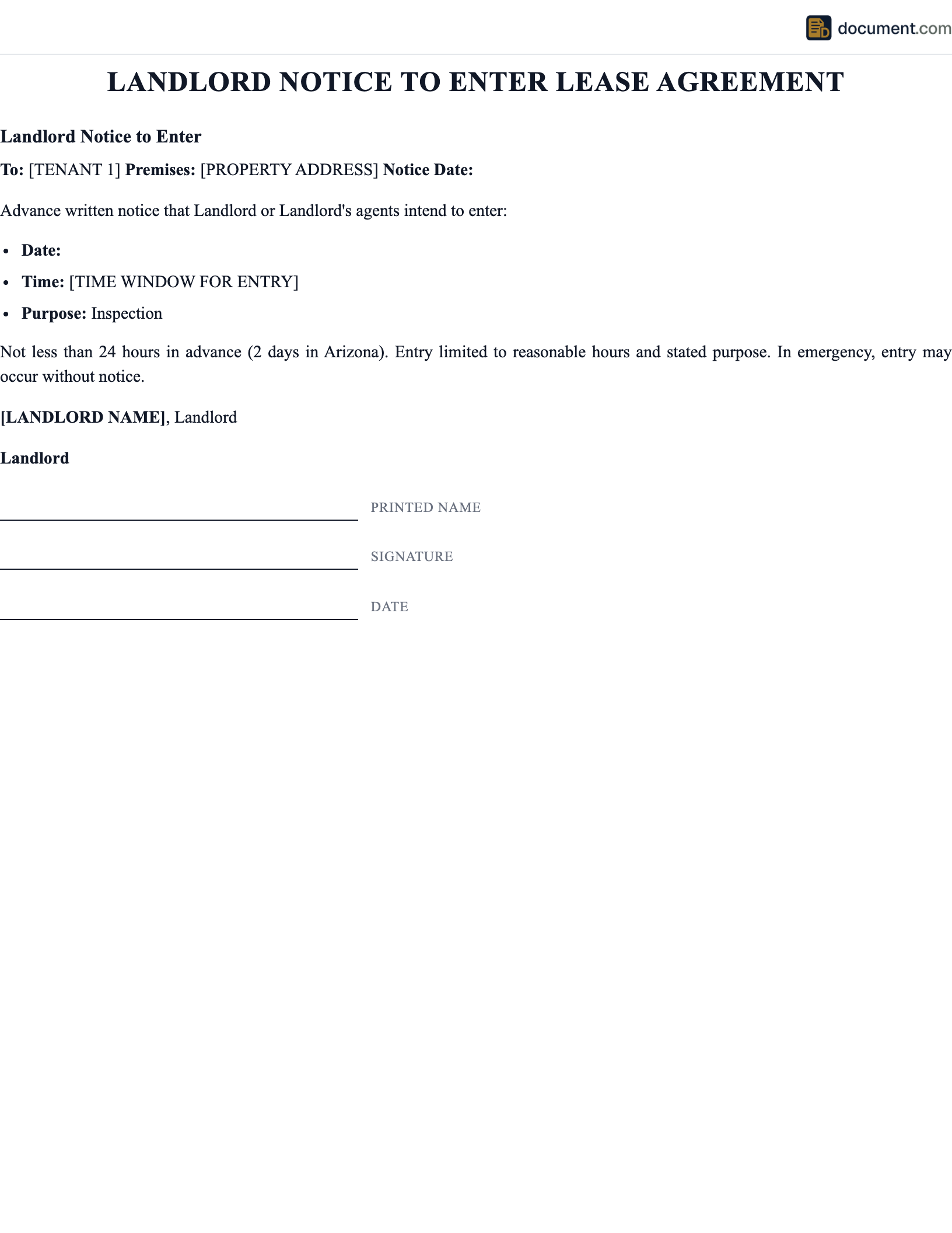 Landlord Notice To Enter Lease Agreement preview