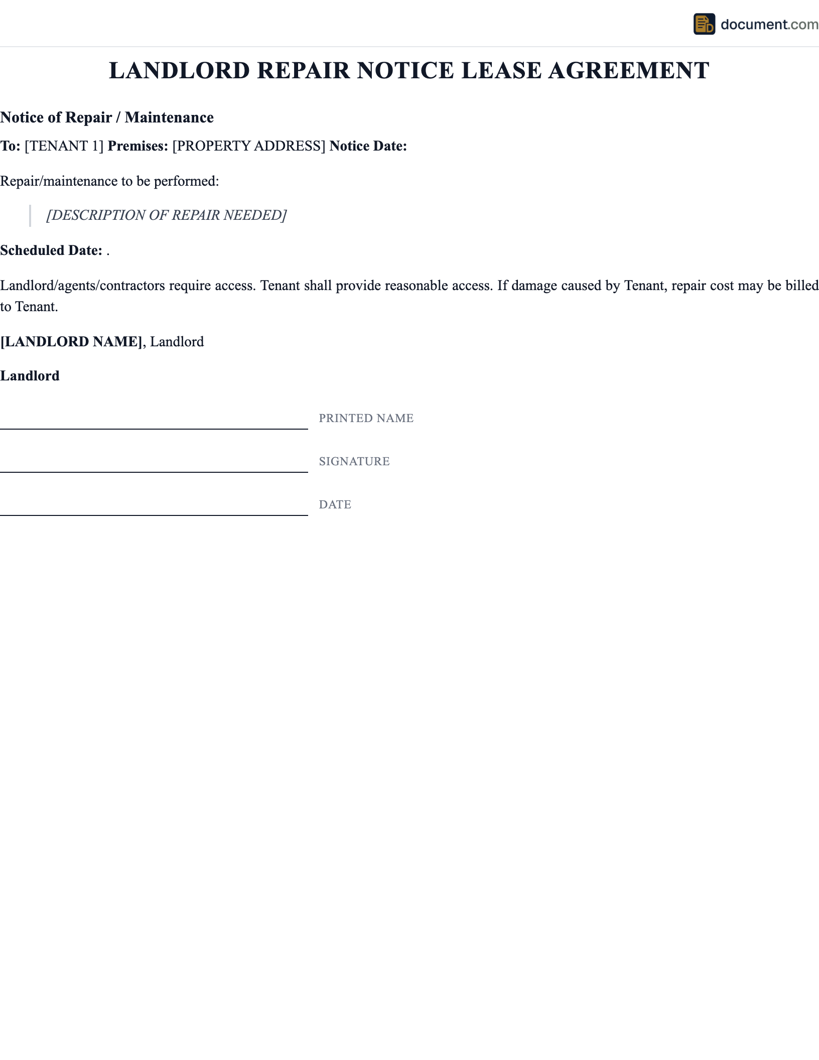 Landlord Repair Notice Lease Agreement preview