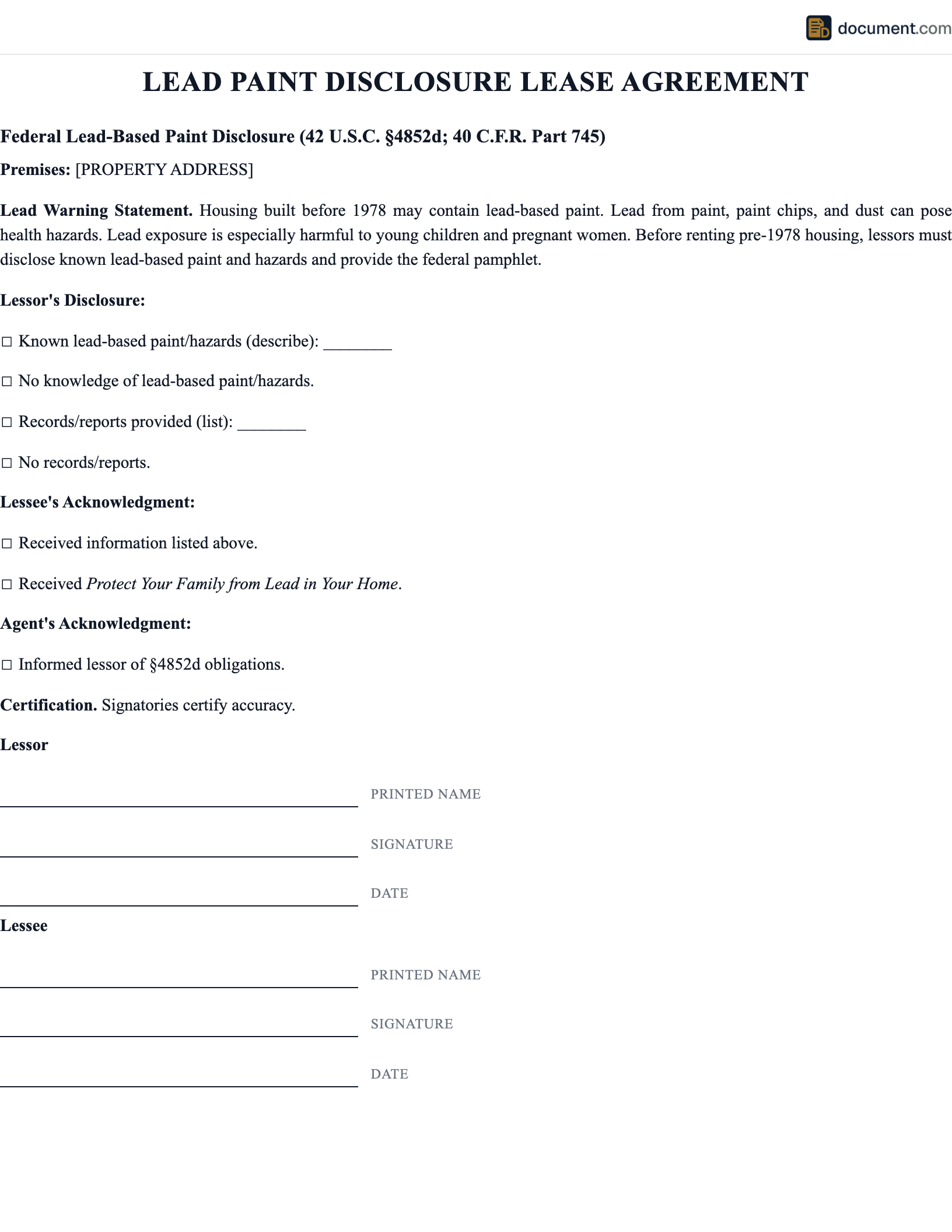 Lead Paint Disclosure Lease Agreement preview