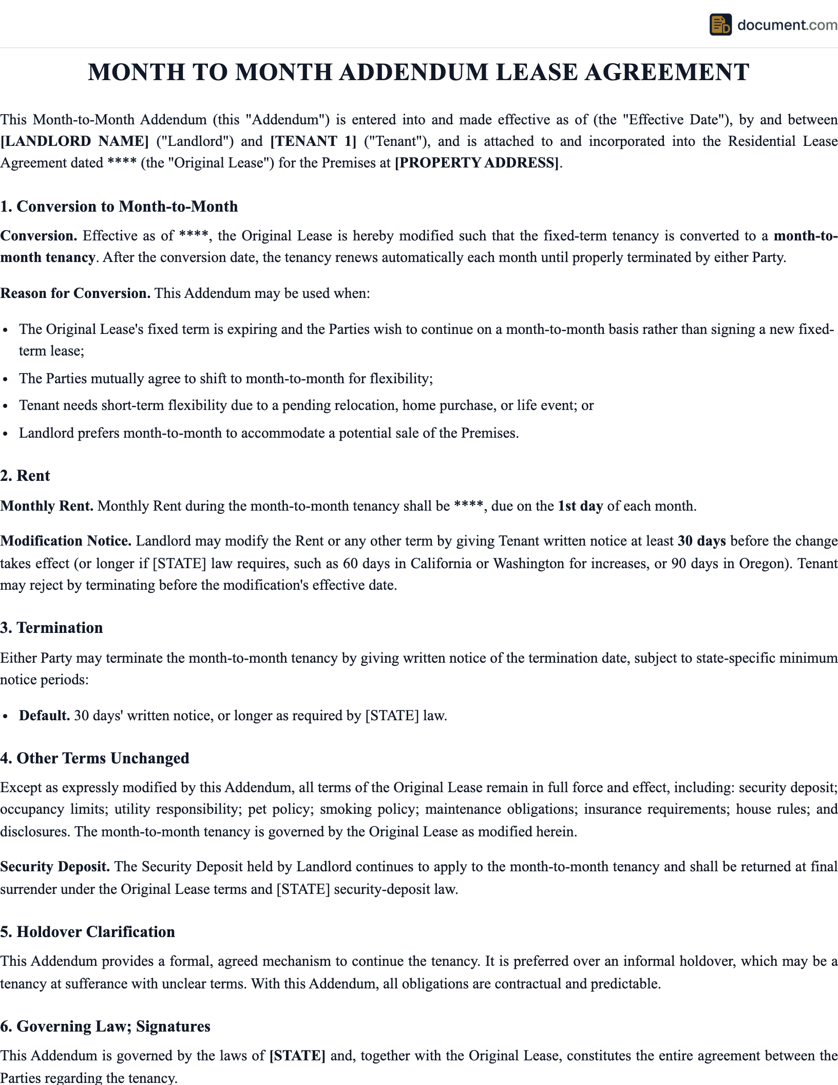 Month To Month Addendum Lease Agreement preview