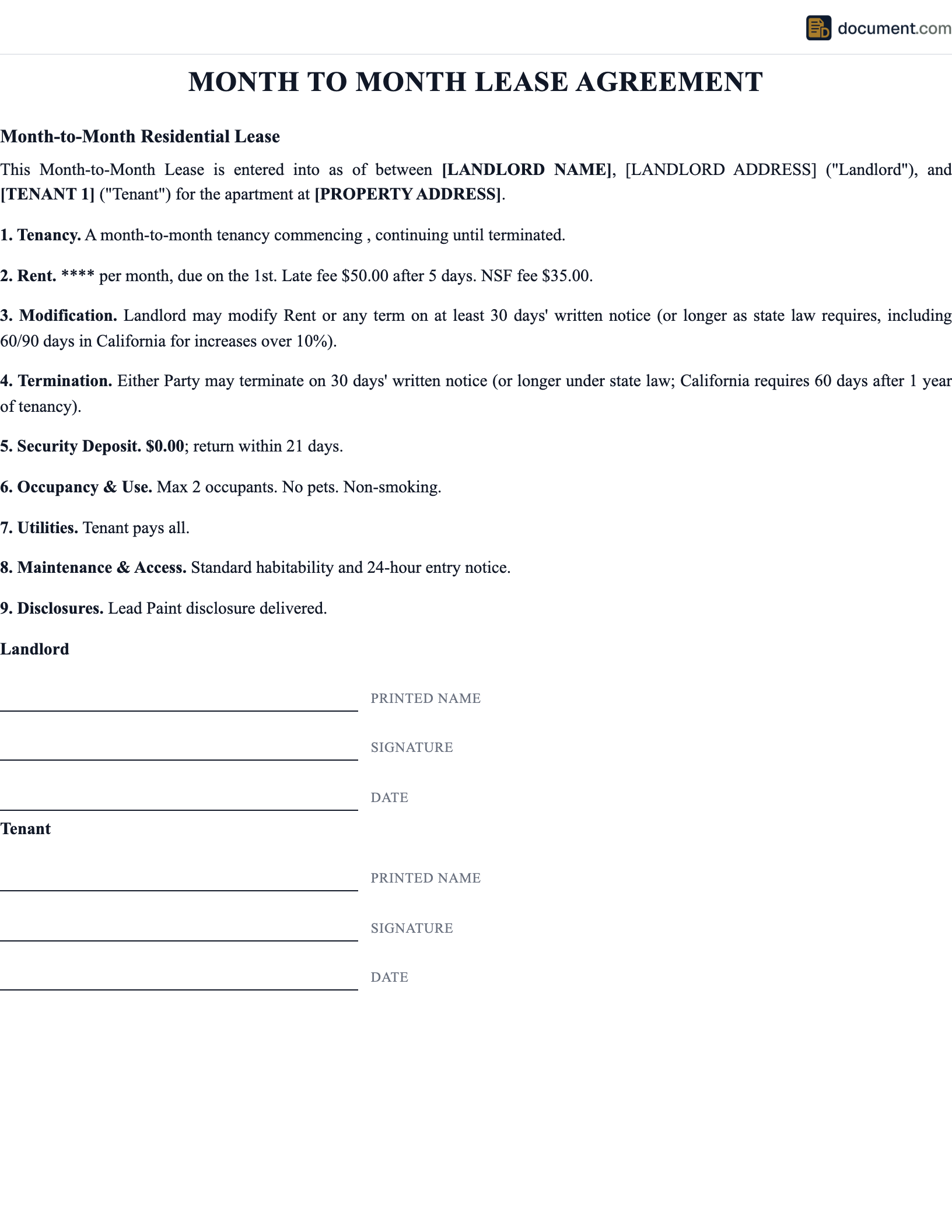 Month To Month Lease Agreement preview