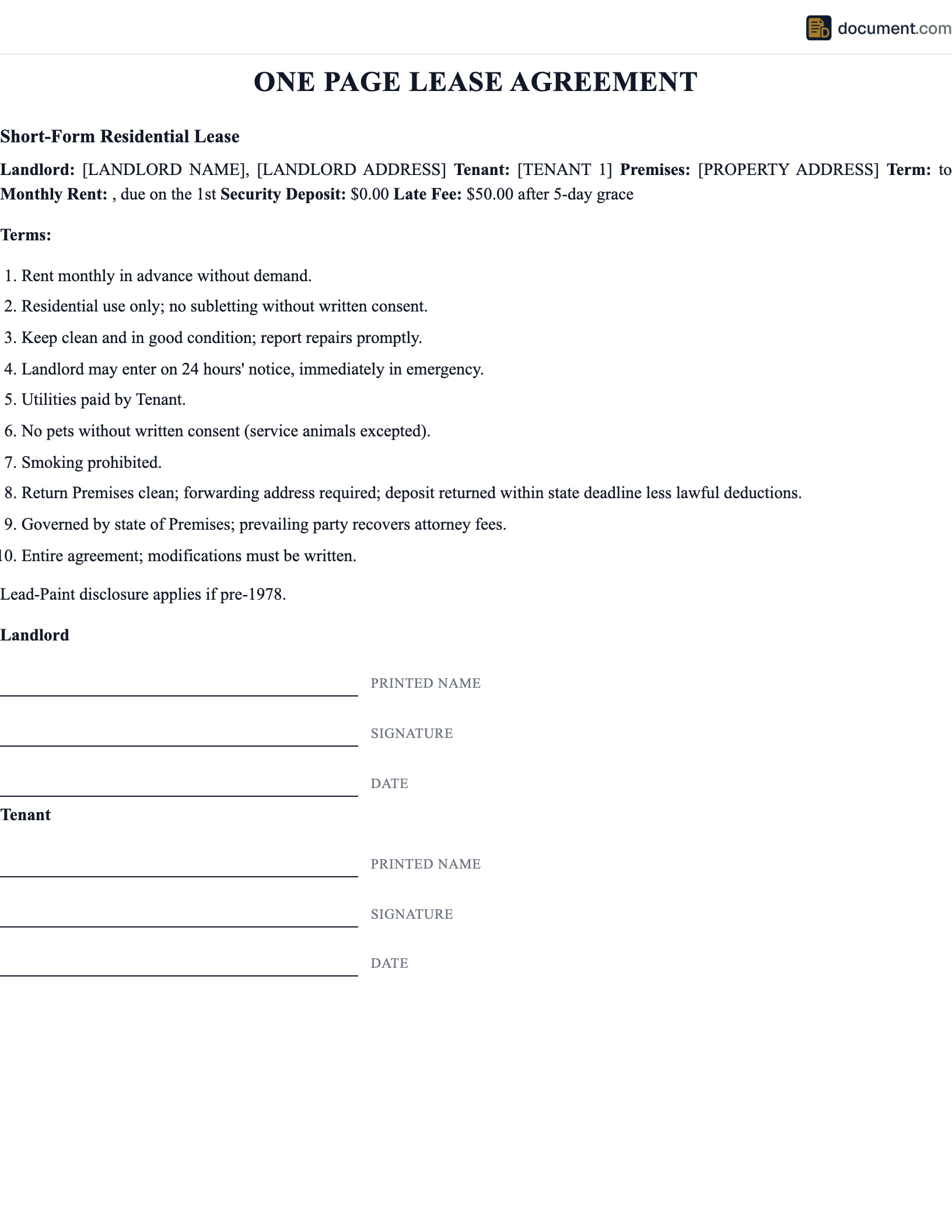 WI One Page Lease Agreement preview