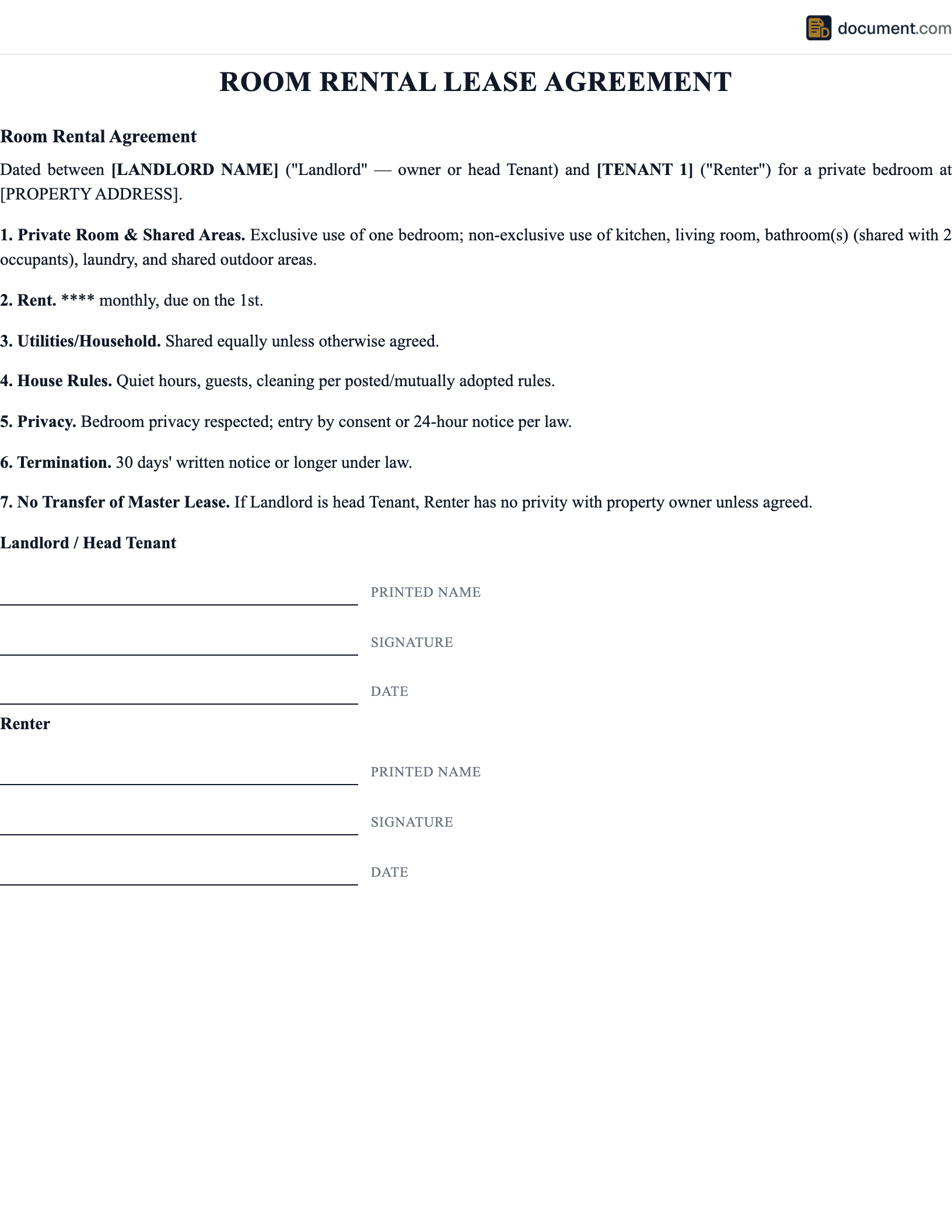 TX Room Rental Lease Agreement preview