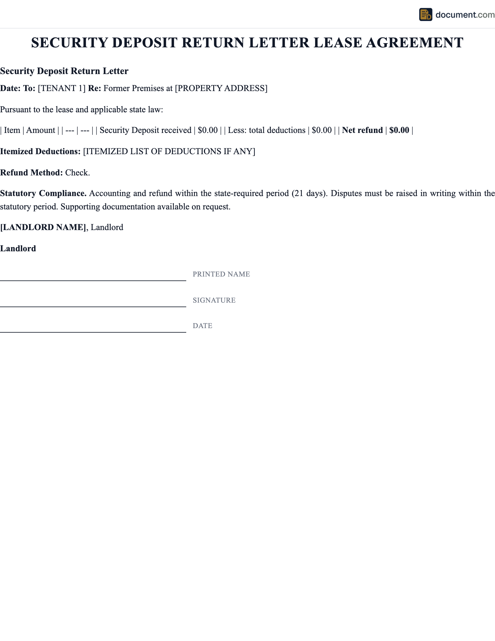 Security Deposit Return Letter Lease Agr preview