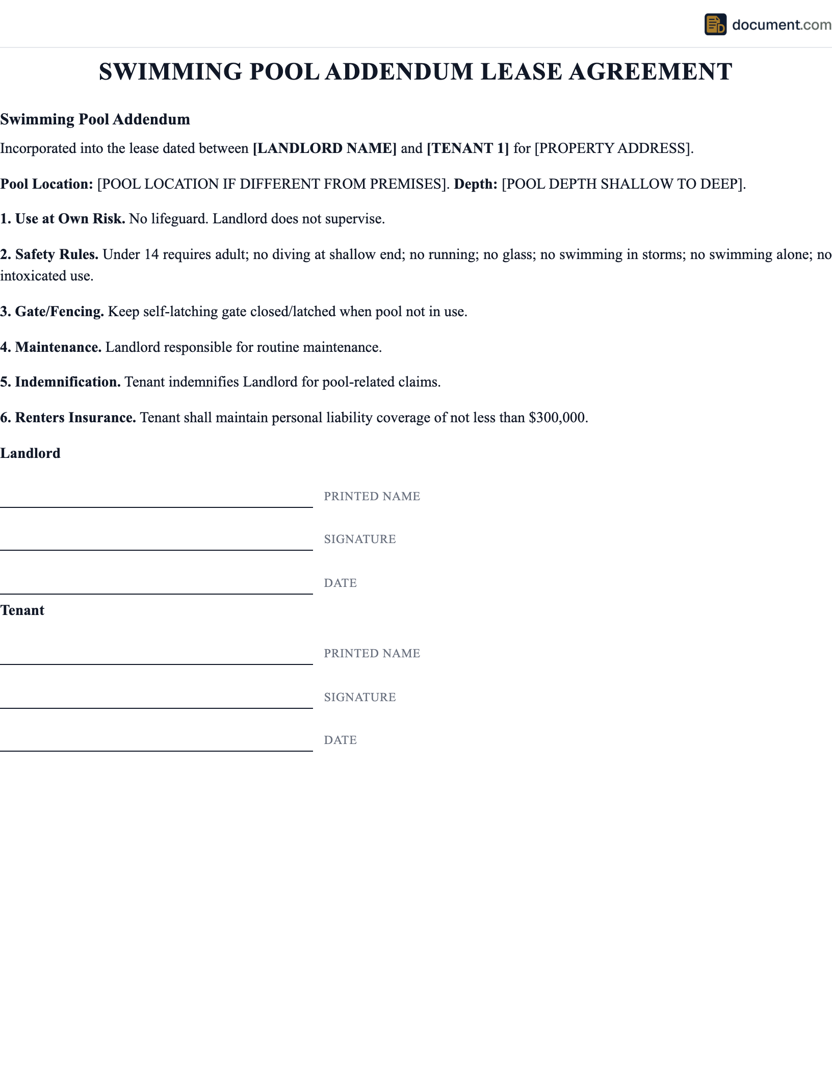 Swimming Pool Addendum Lease Agreement preview