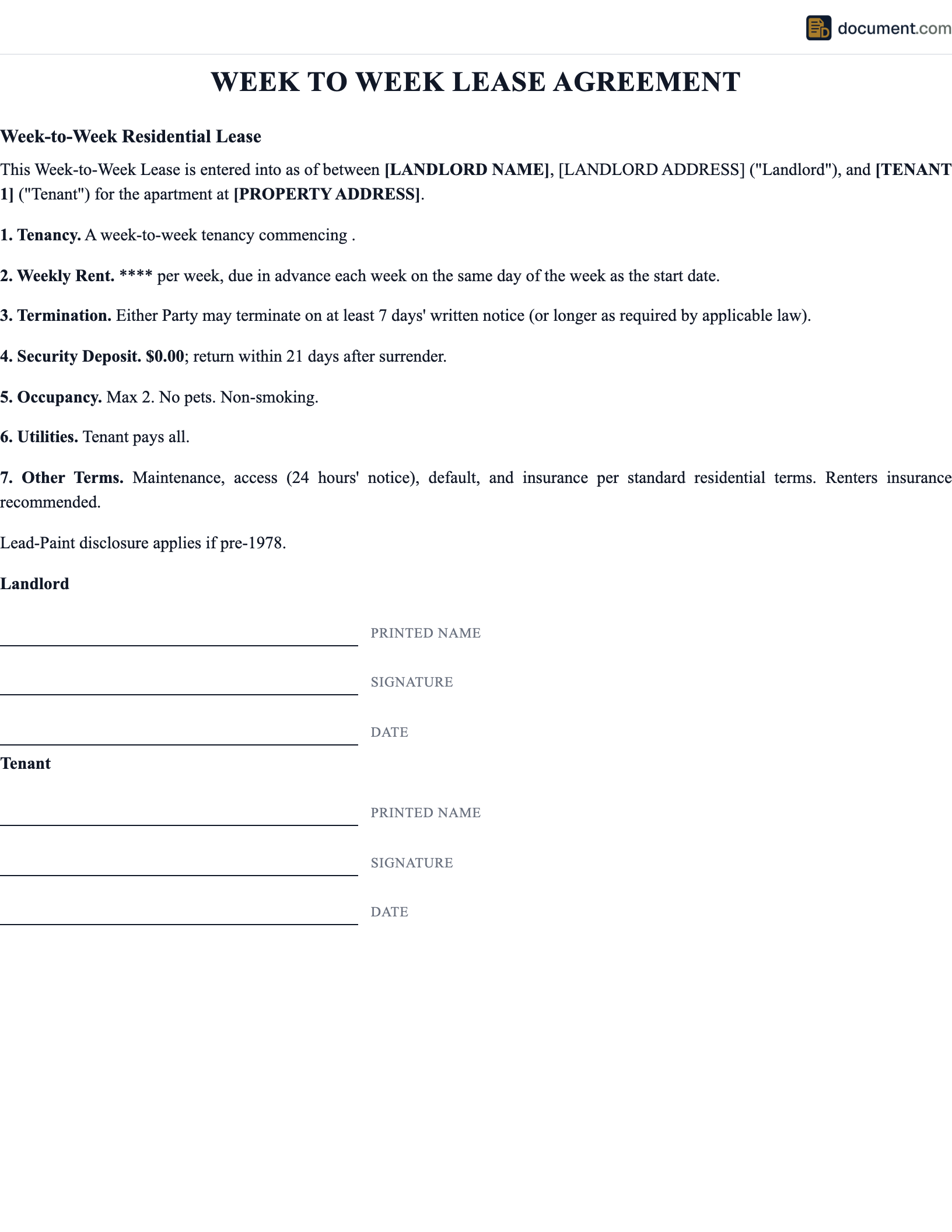 FL Week To Week Lease Agreement preview