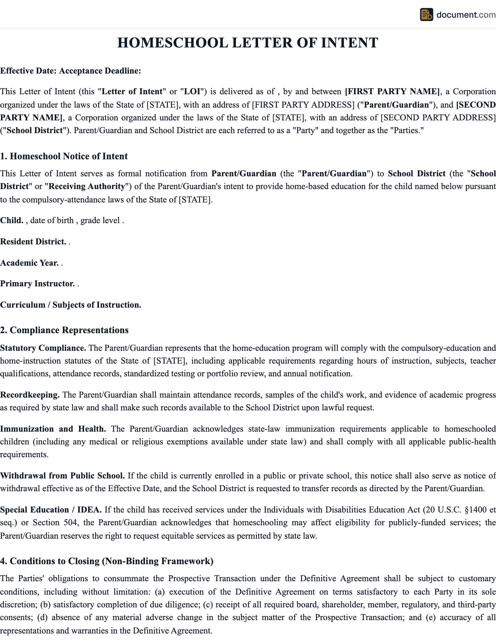 Homeschool Letter of Intent preview