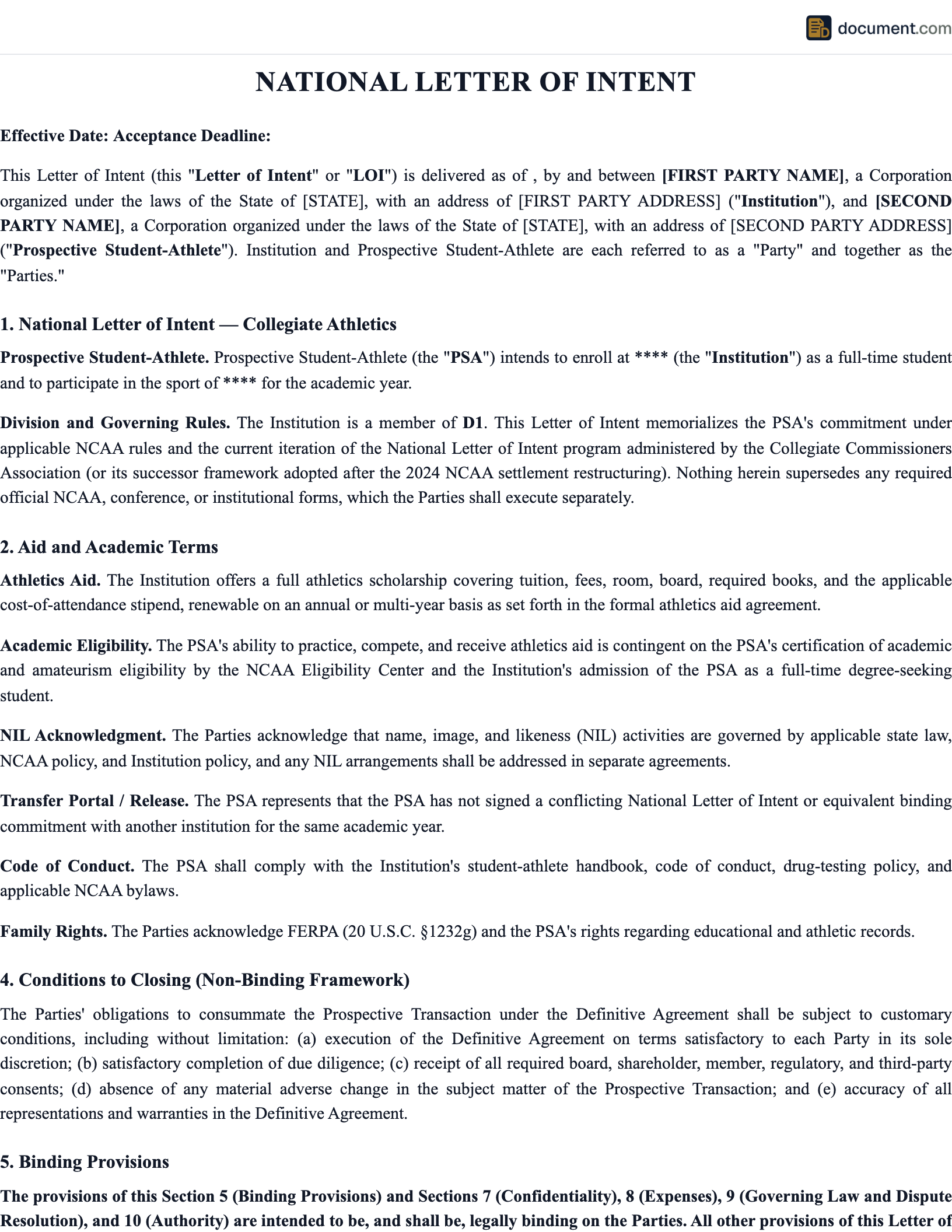 National Letter of Intent preview