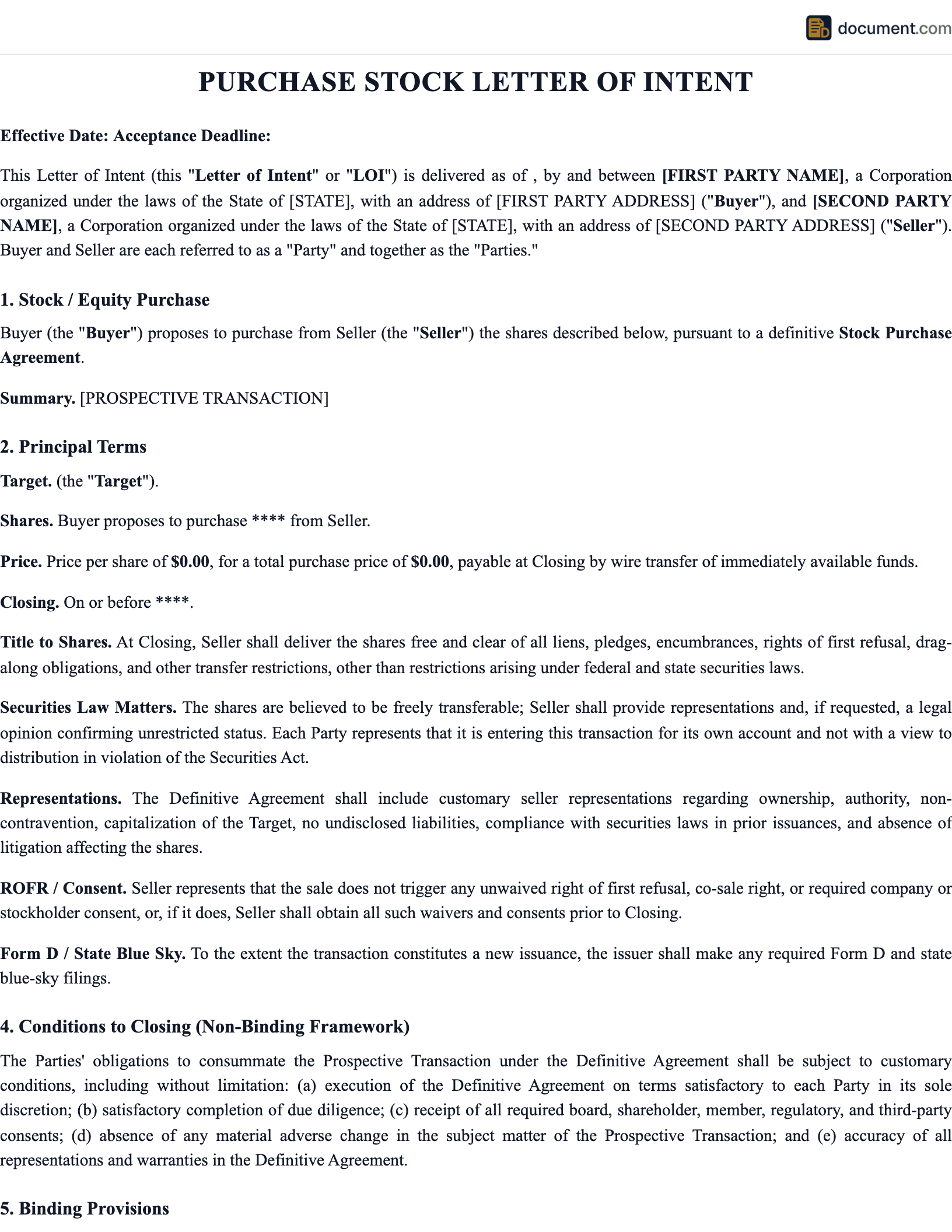 Purchase Stock Letter of Intent preview