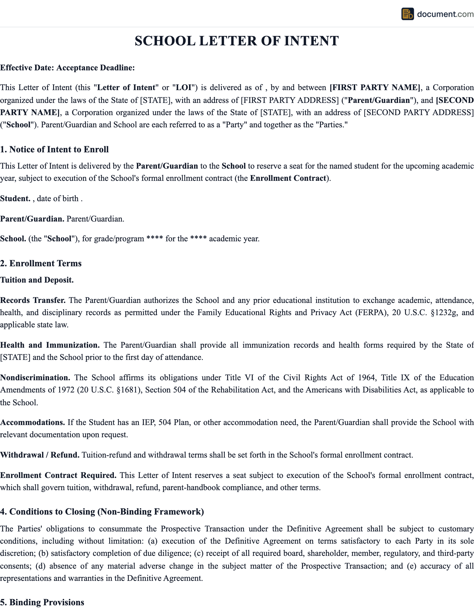School Letter of Intent preview