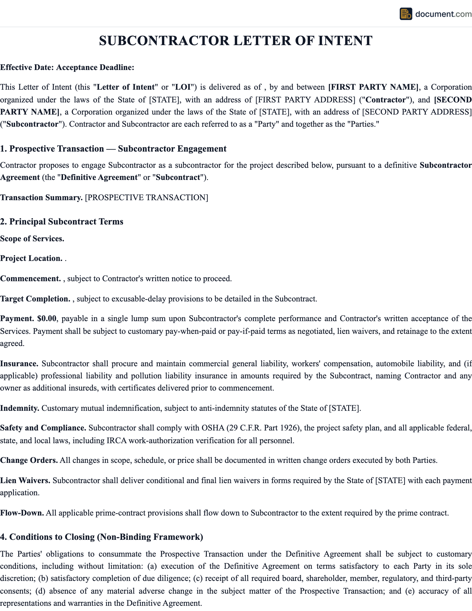 Subcontractor Letter of Intent preview