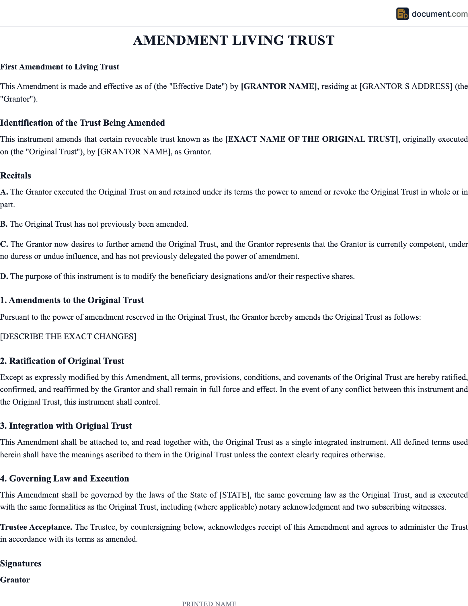 Living Trust Amendment preview