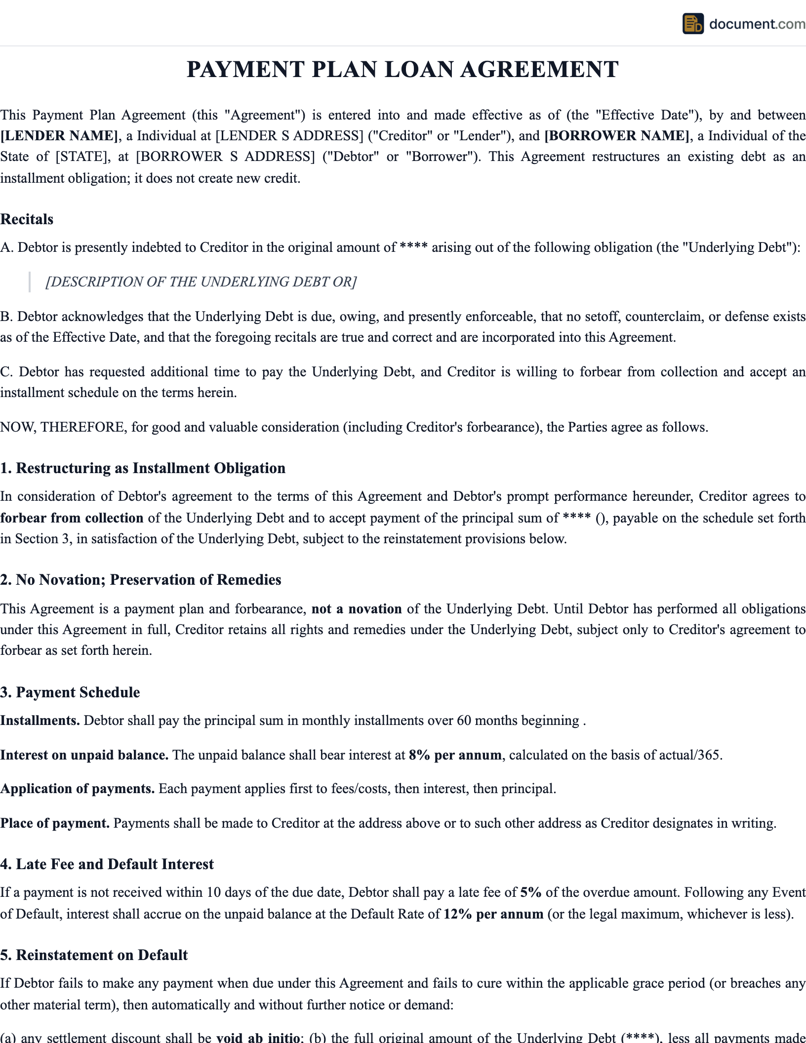 Payment Plan Loan Agreement preview