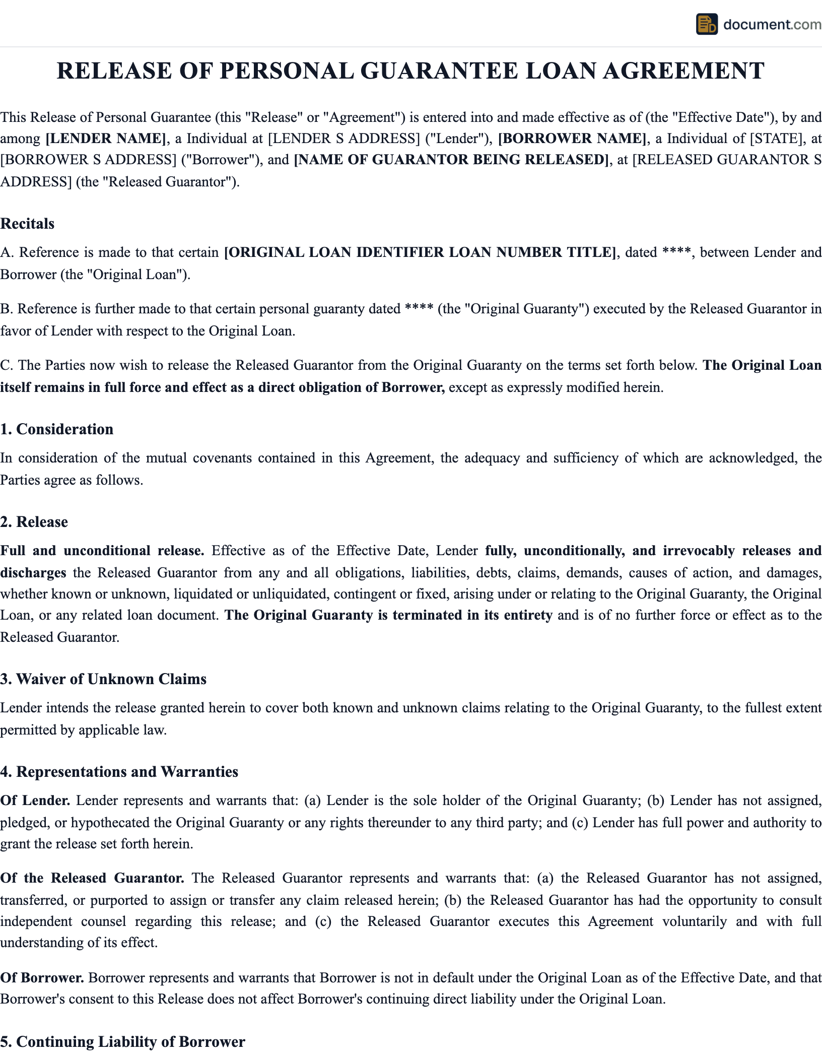 Release of Personal Guarantee Loan Agree preview