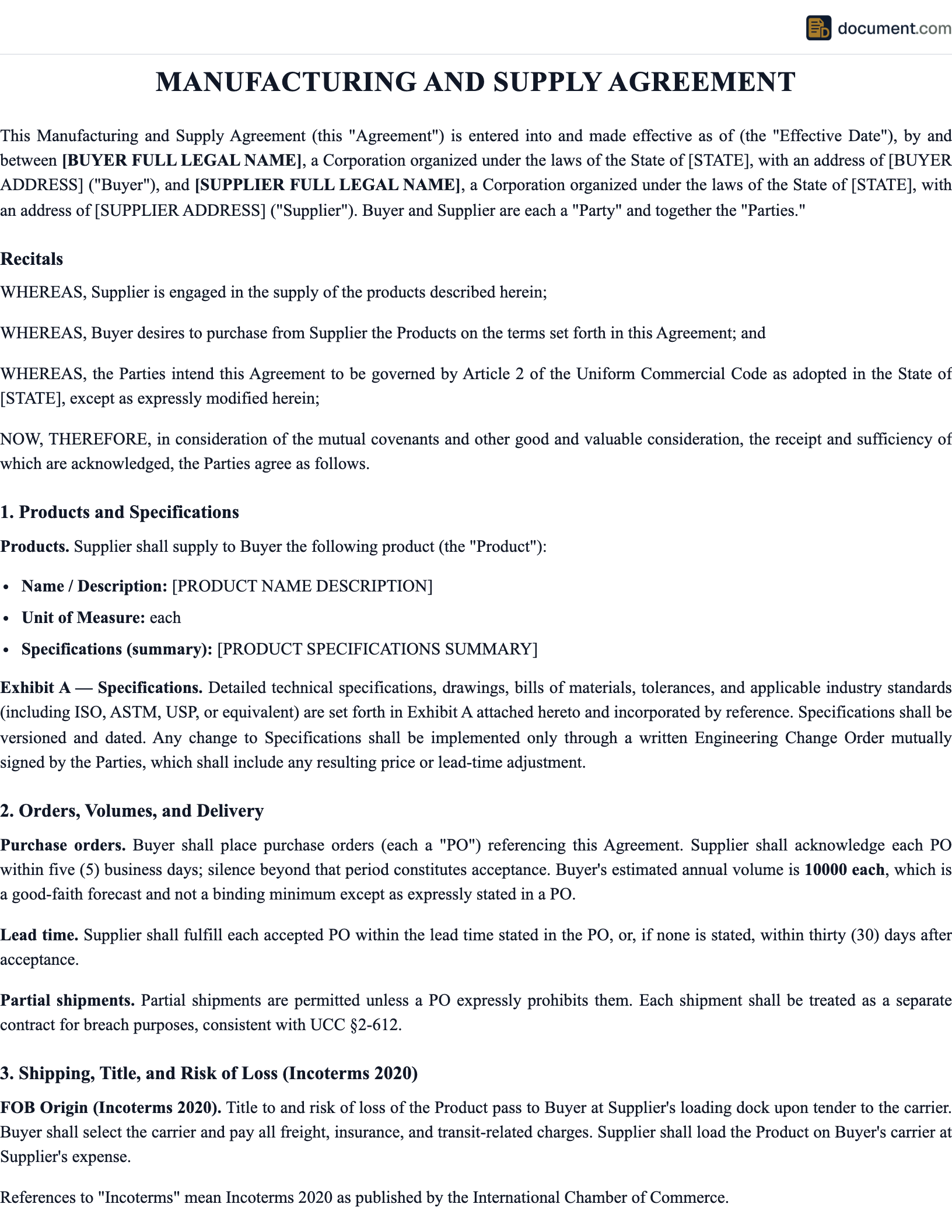 Manufacturing and Supply Agreement preview
