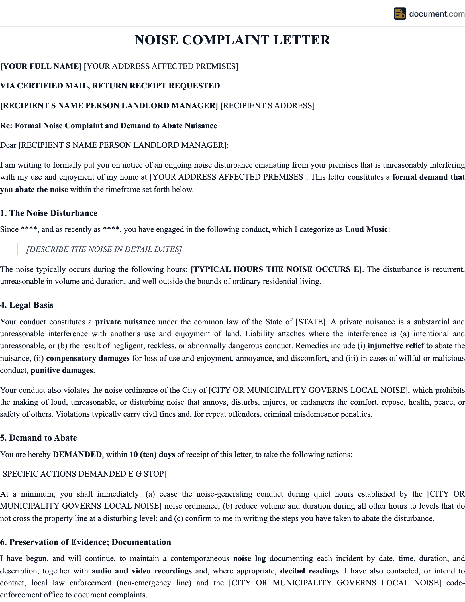 Noise Complaint Letter preview