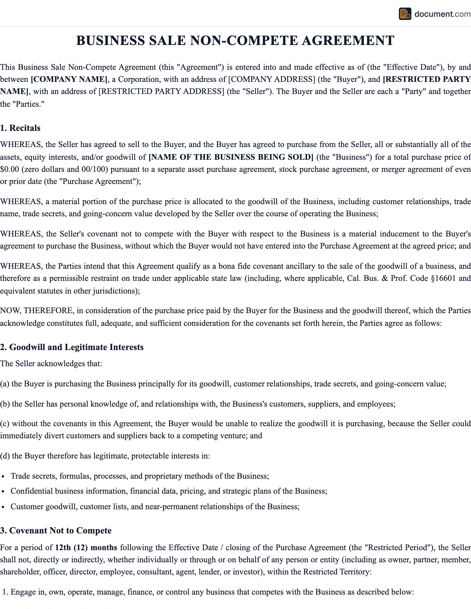 Business Sale Non Compete Agreement preview