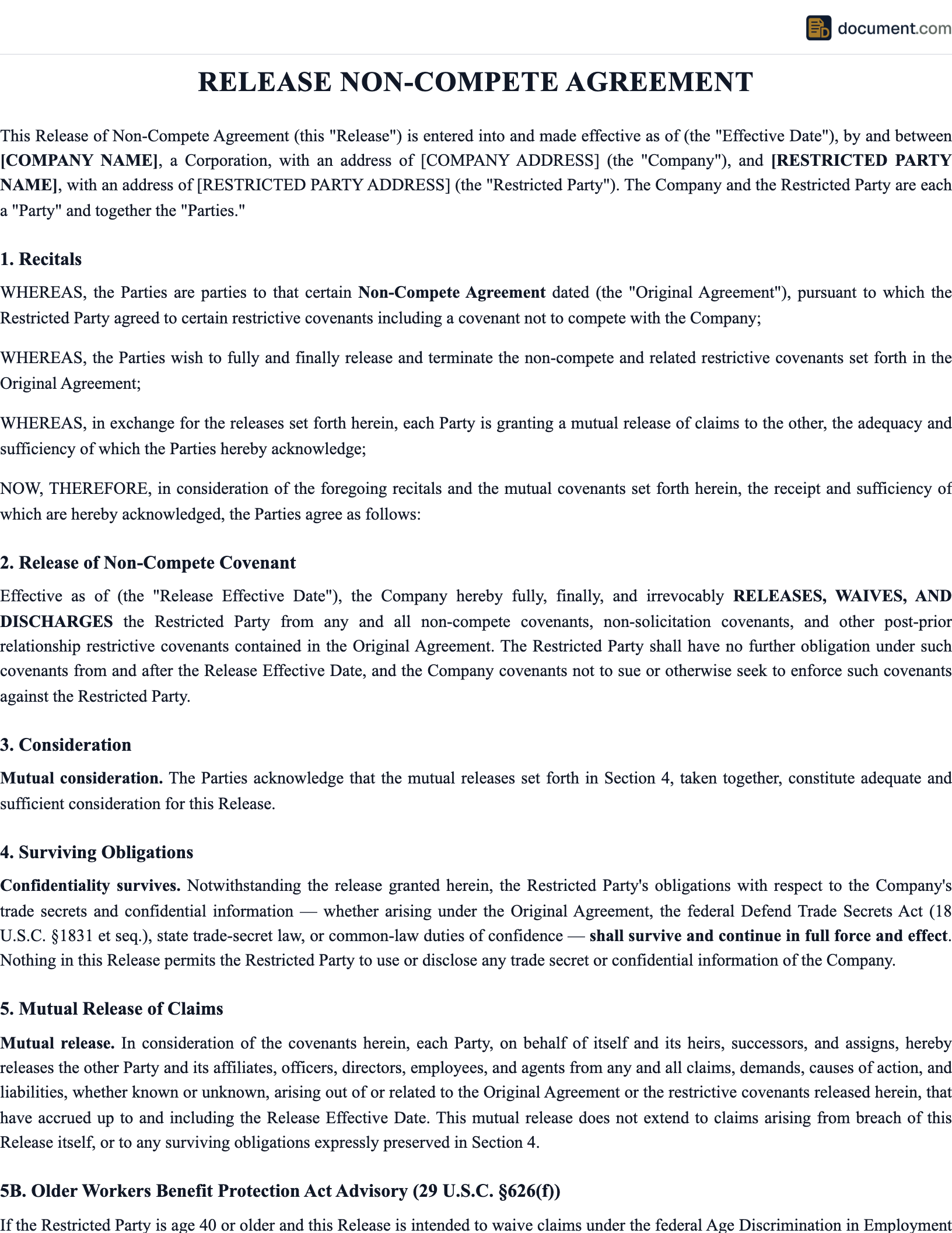 Release Non Compete Agreement preview
