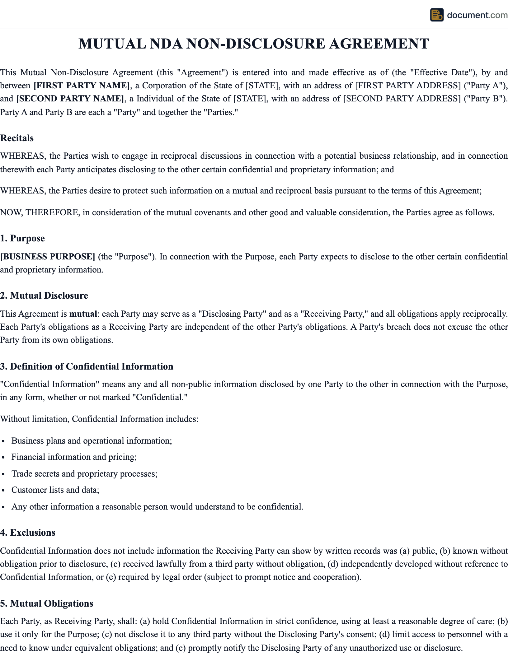 Mutual Nda Non Disclosure Agreement preview