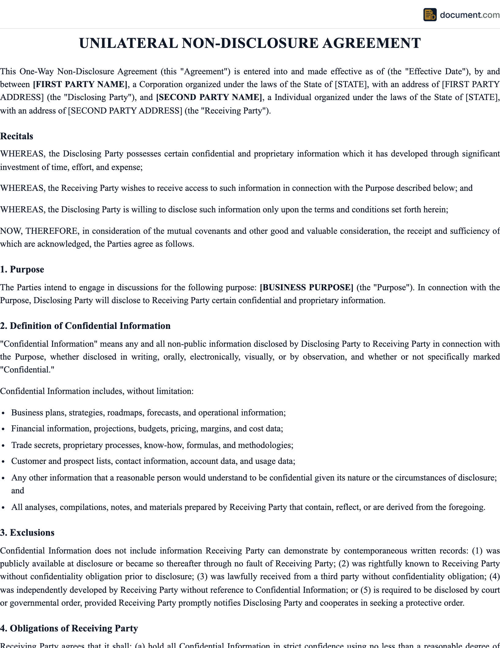 Unilateral Non Disclosure Agreement preview