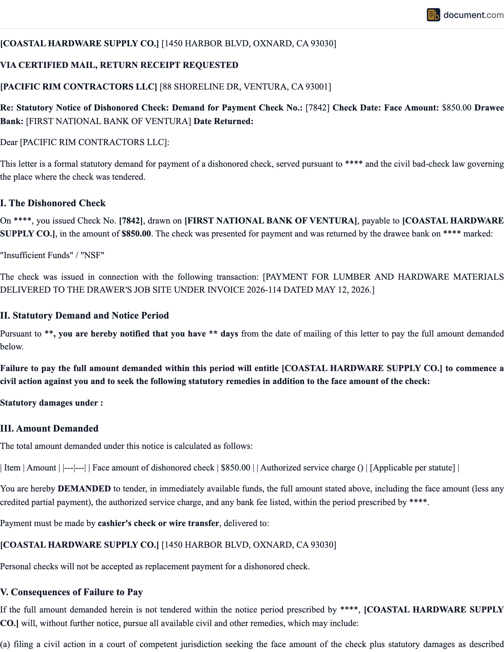 Spoiled Check Example Notice of Dishonored Check: 50-State Guide & Free Template | Document.com