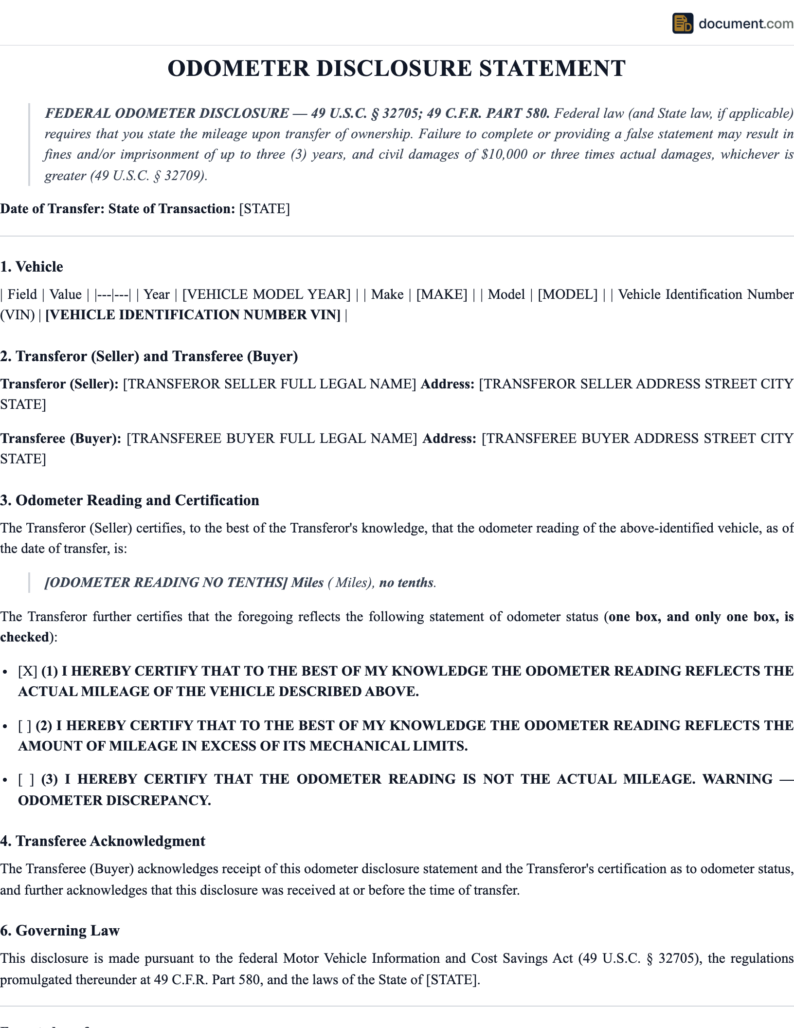 Odometer Disclosure Statement preview