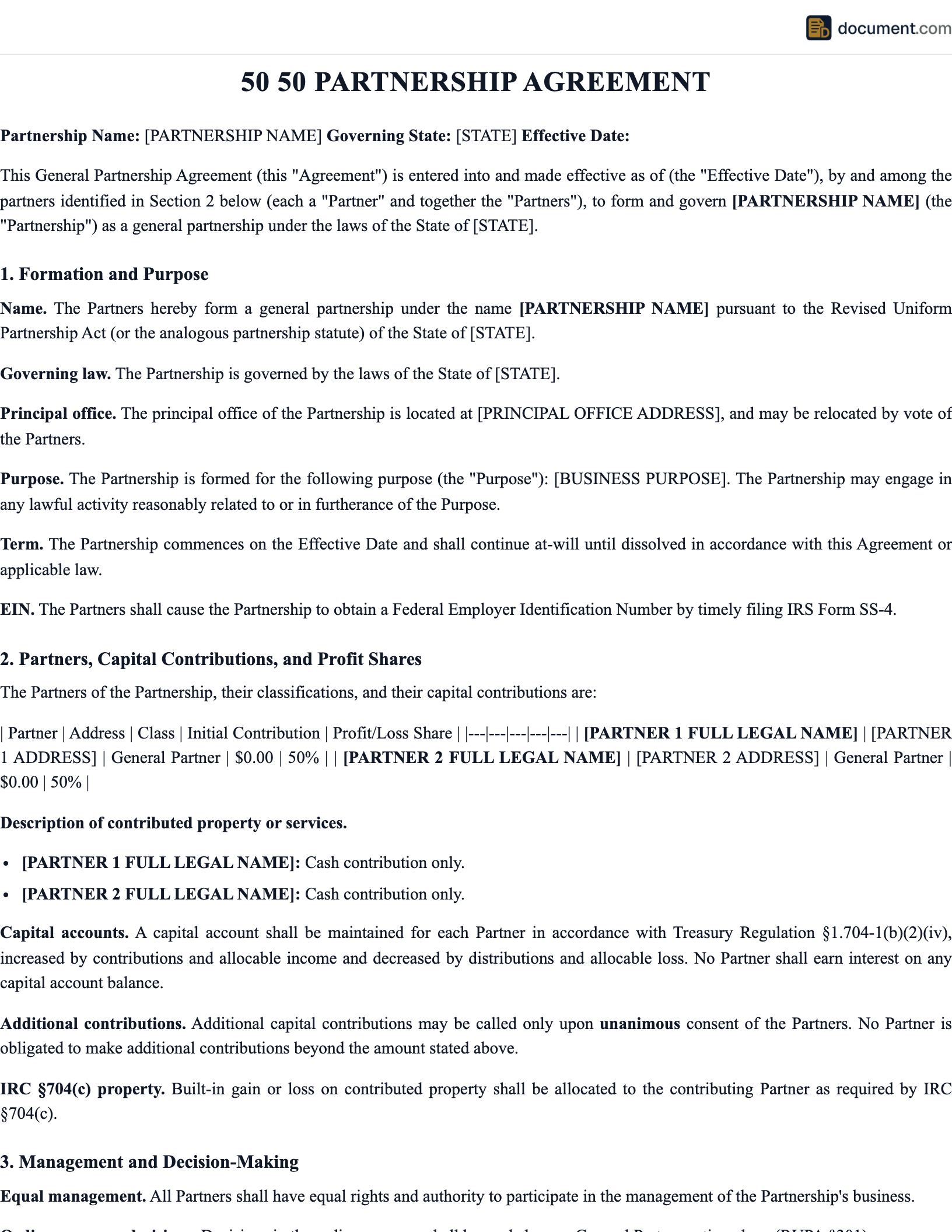 50 50 Partnership Agreement preview