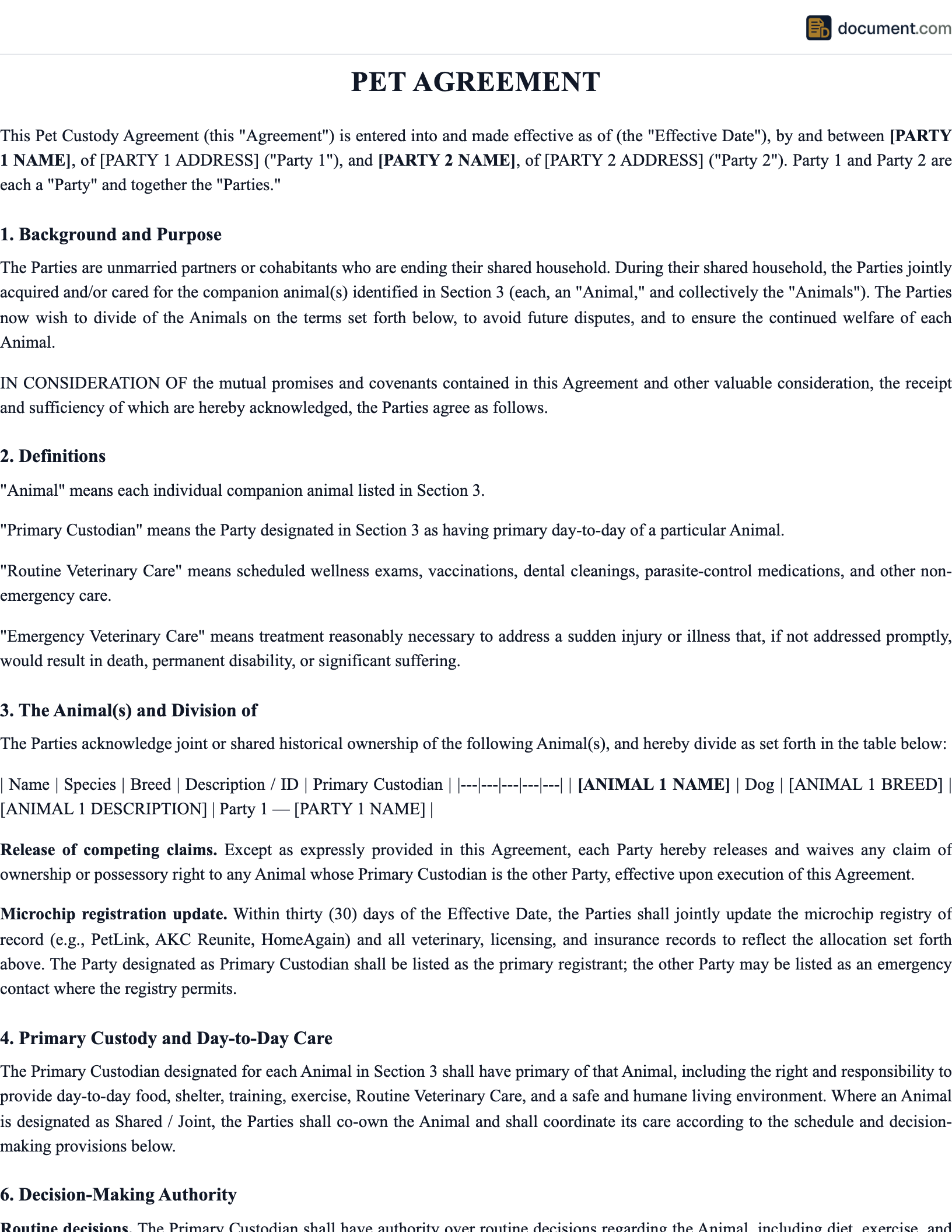 Pet Custody Agreement preview