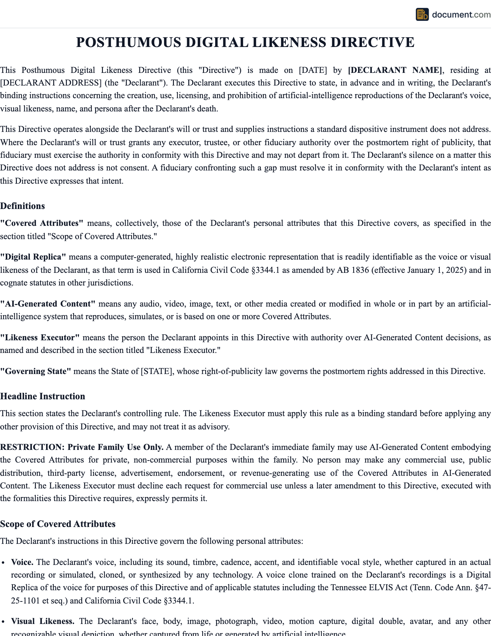 Posthumous Digital Likeness Directive preview