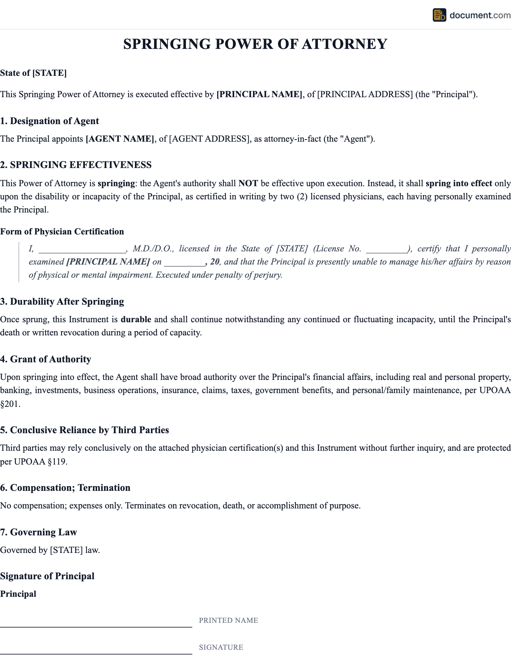 Springing Power of Attorney preview