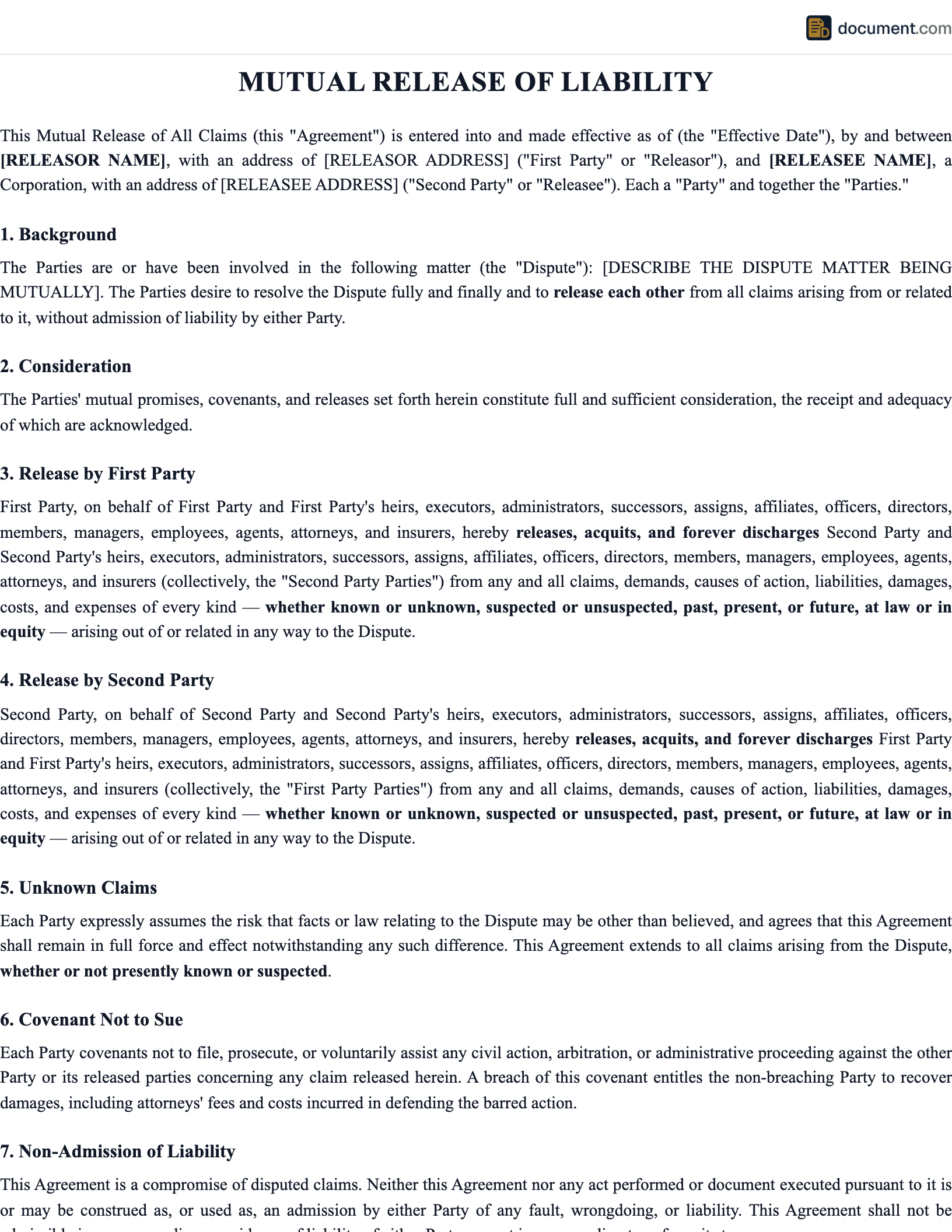 Mutual Release of Liability Waiver preview