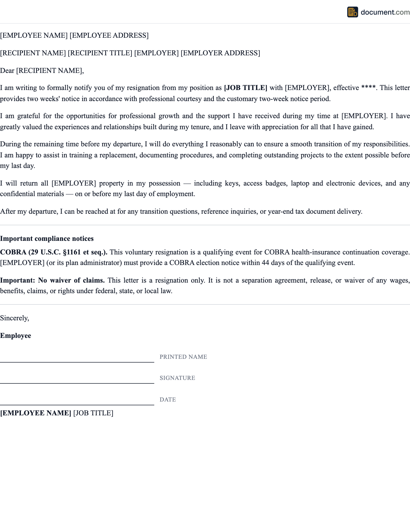 Resignation Letter preview