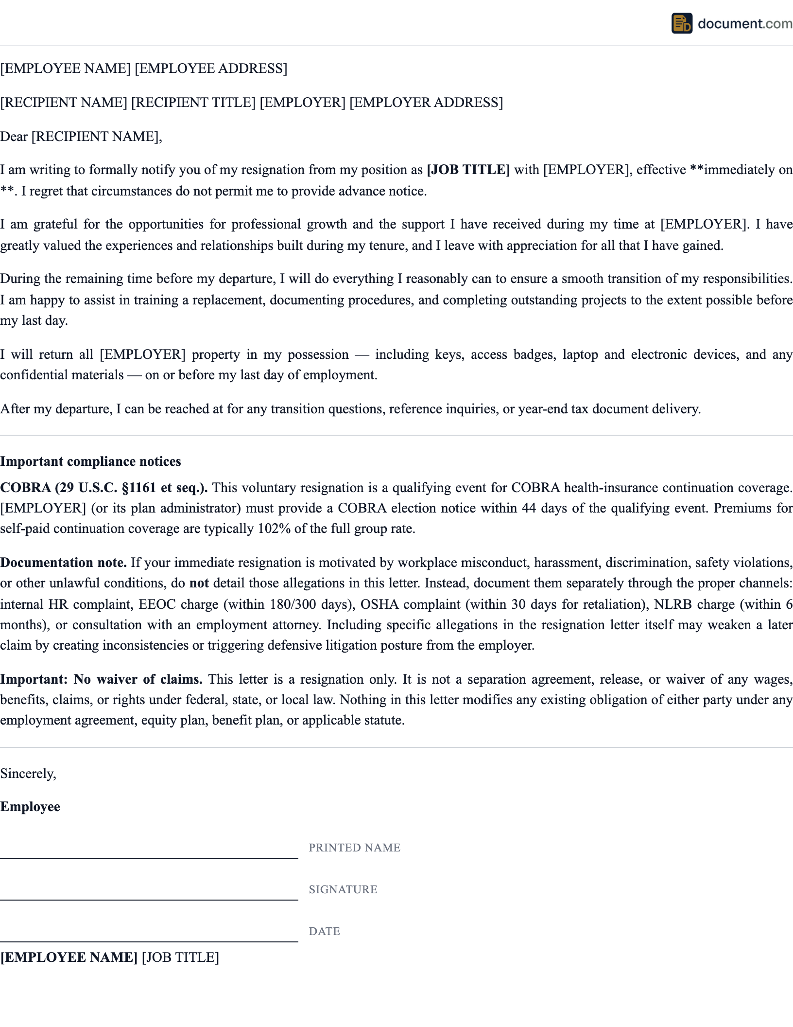Immediate Resignation Letter preview