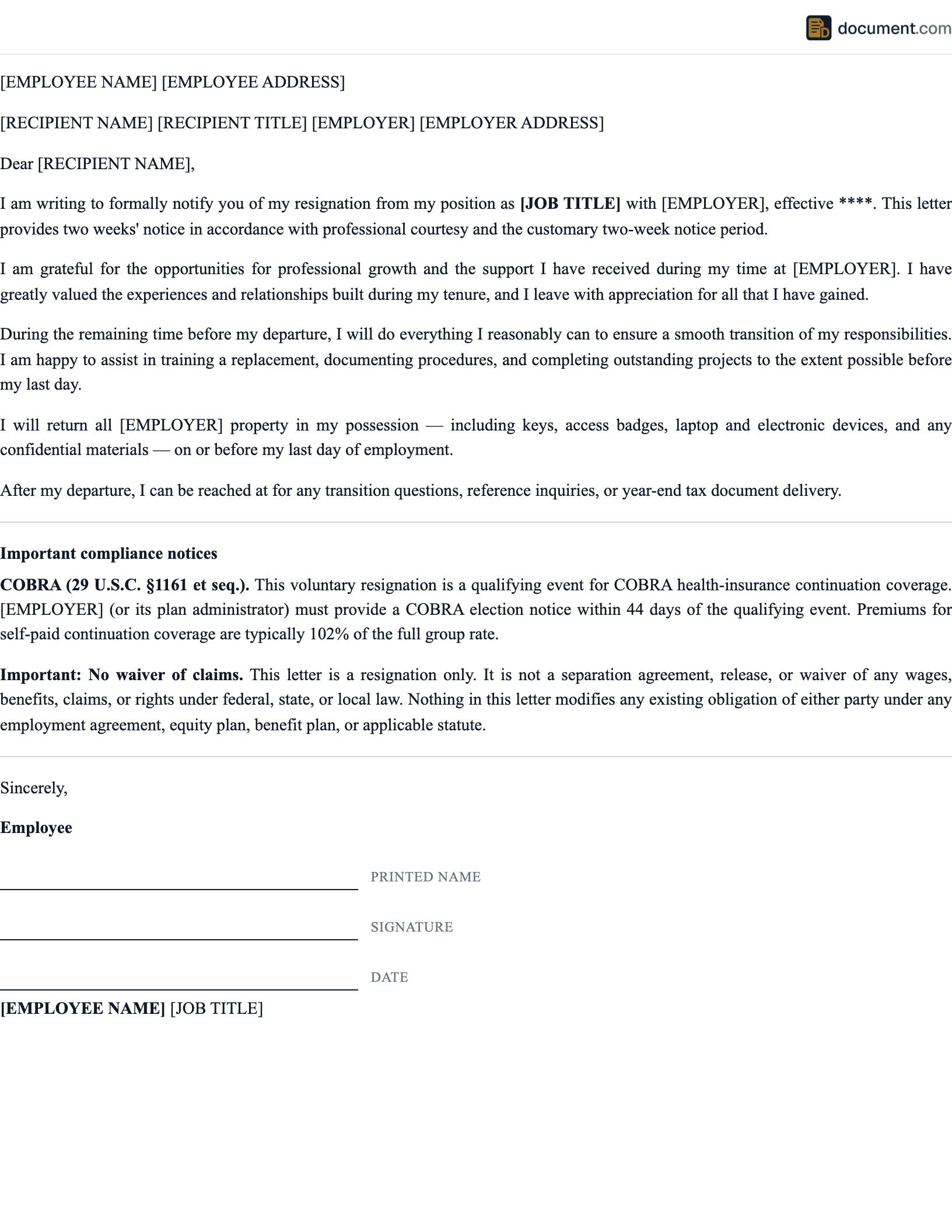 One Week Notice Resignation Letter preview
