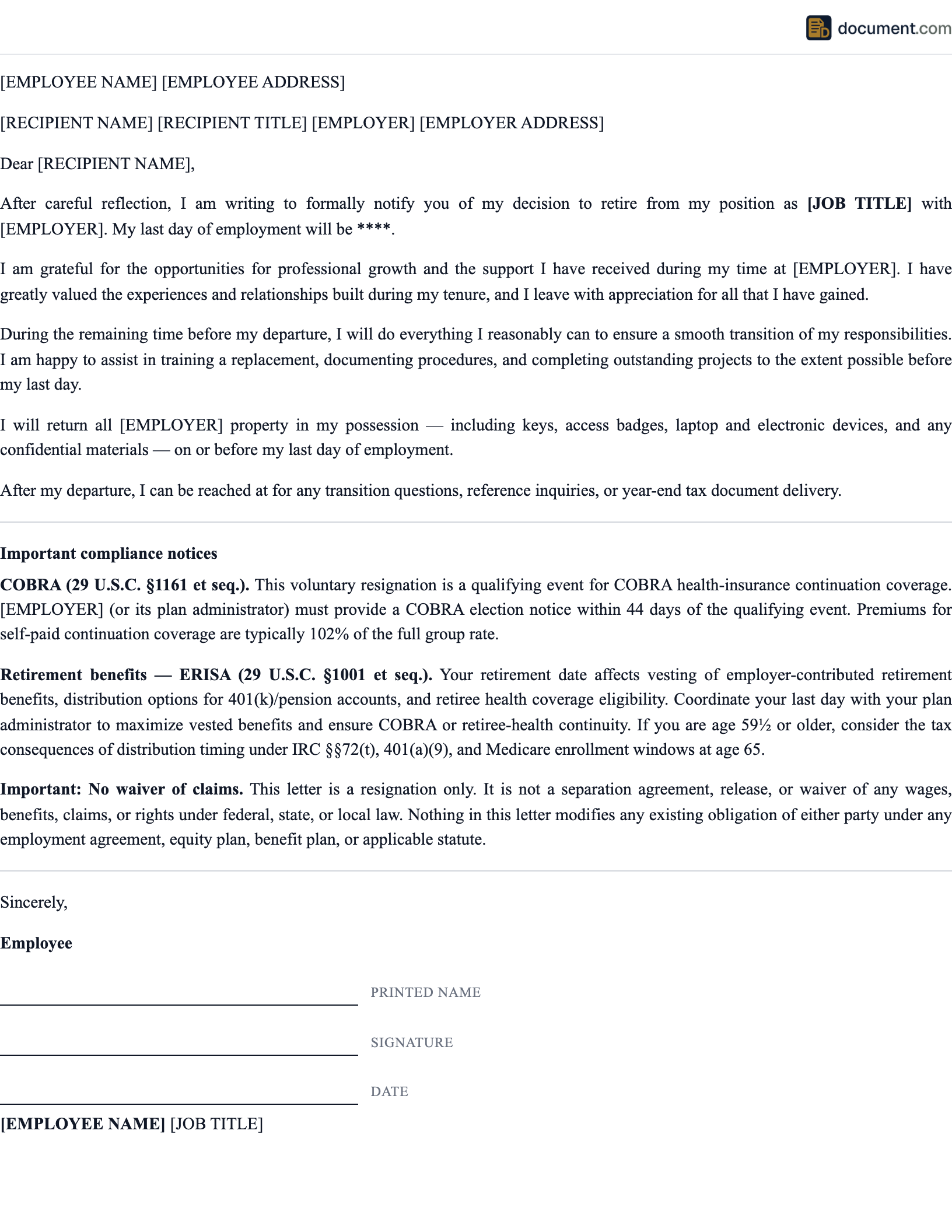 Retirement Resignation Letter preview