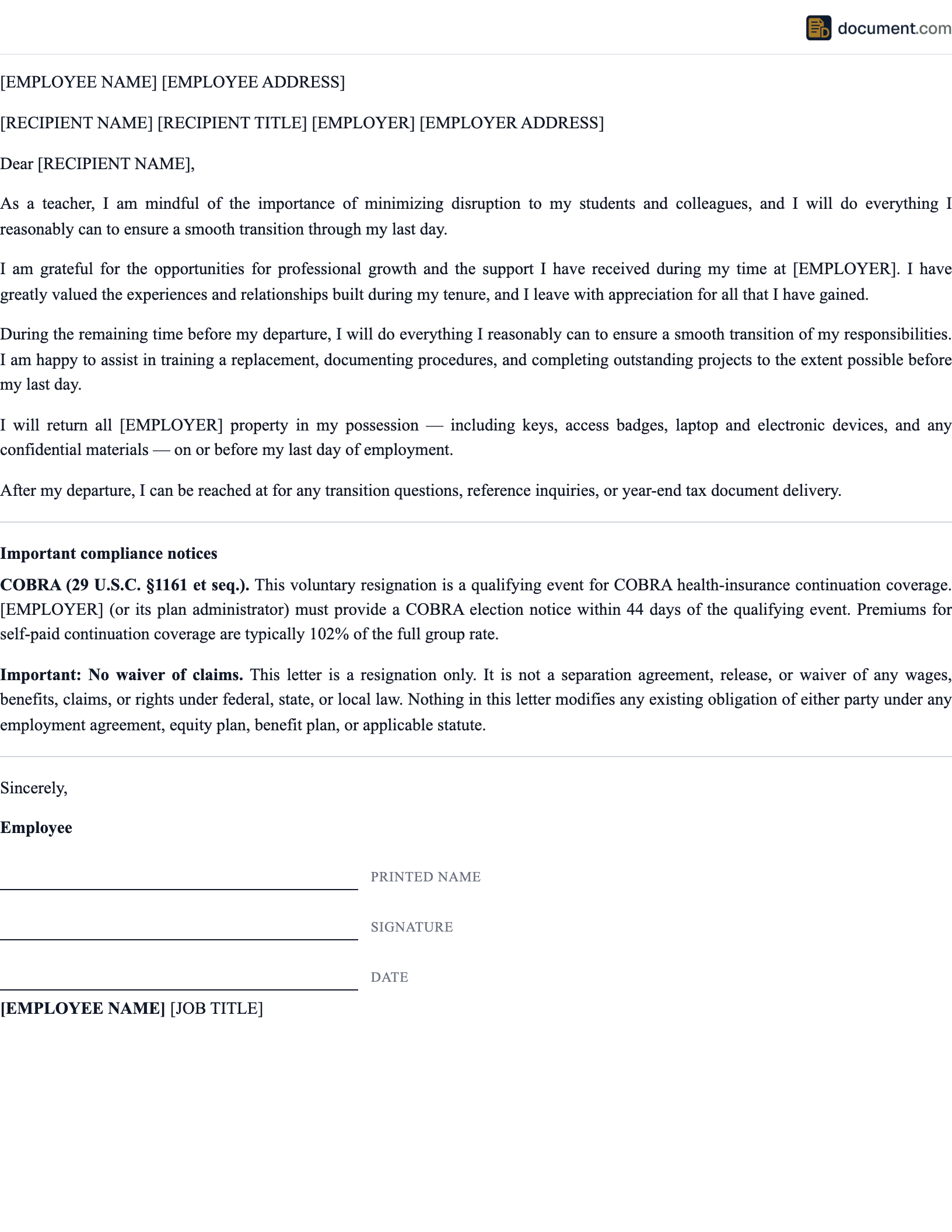 Teacher Resignation Letter preview