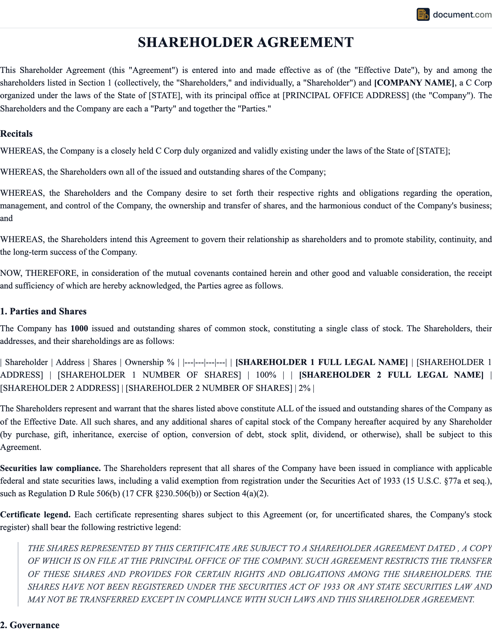 Shareholder Agreement preview
