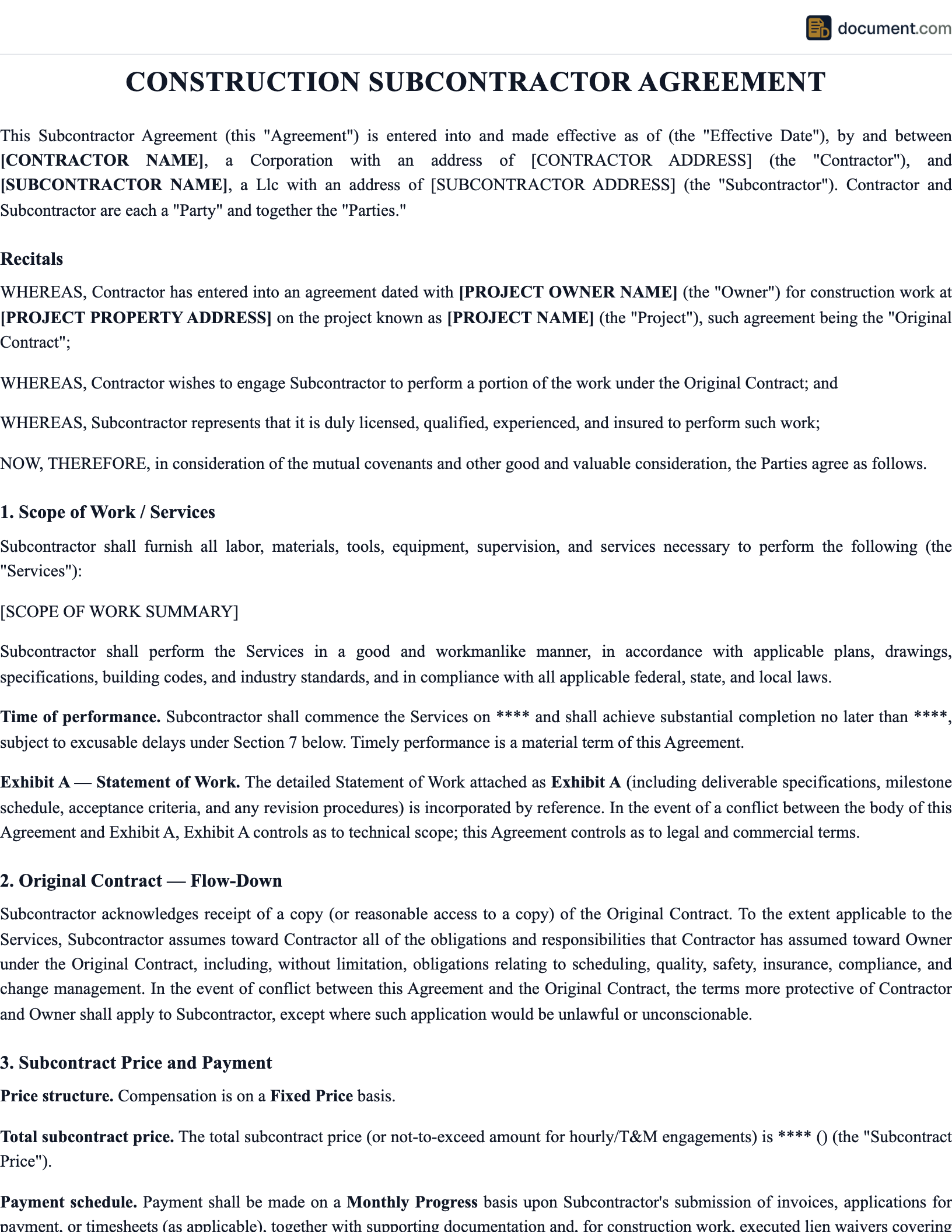 Construction Subcontractor Agreement preview