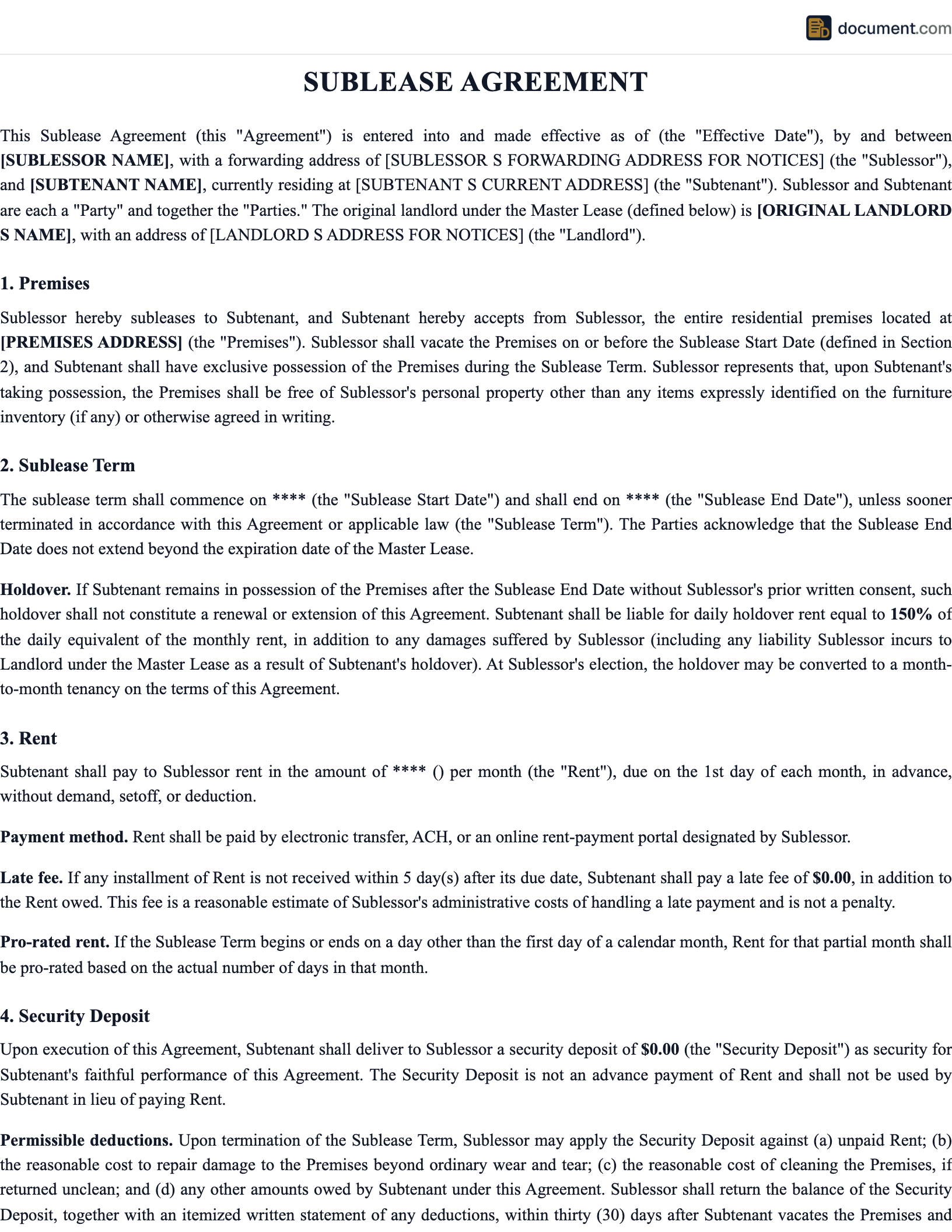 Sublease Lease Agreement preview