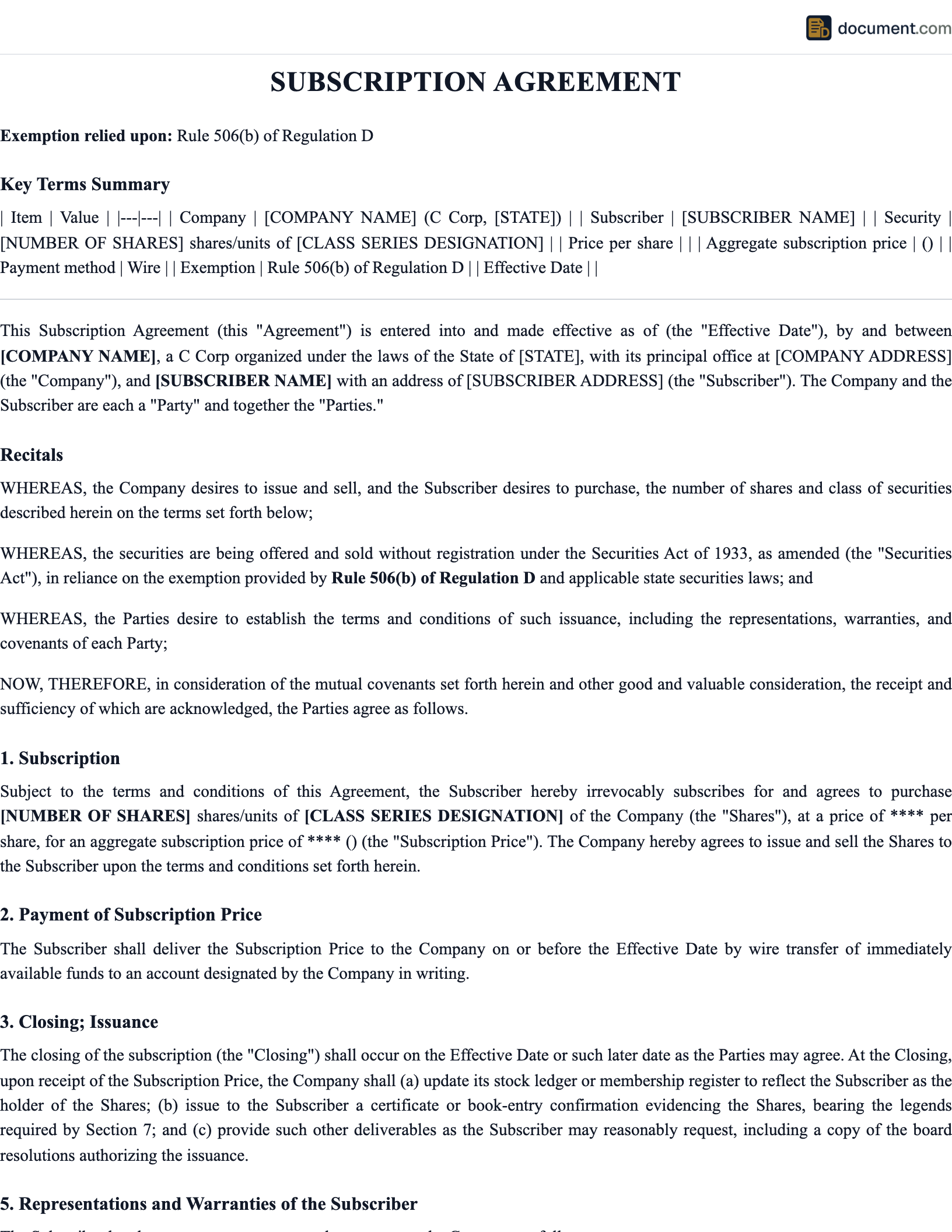 Subscription Agreement preview