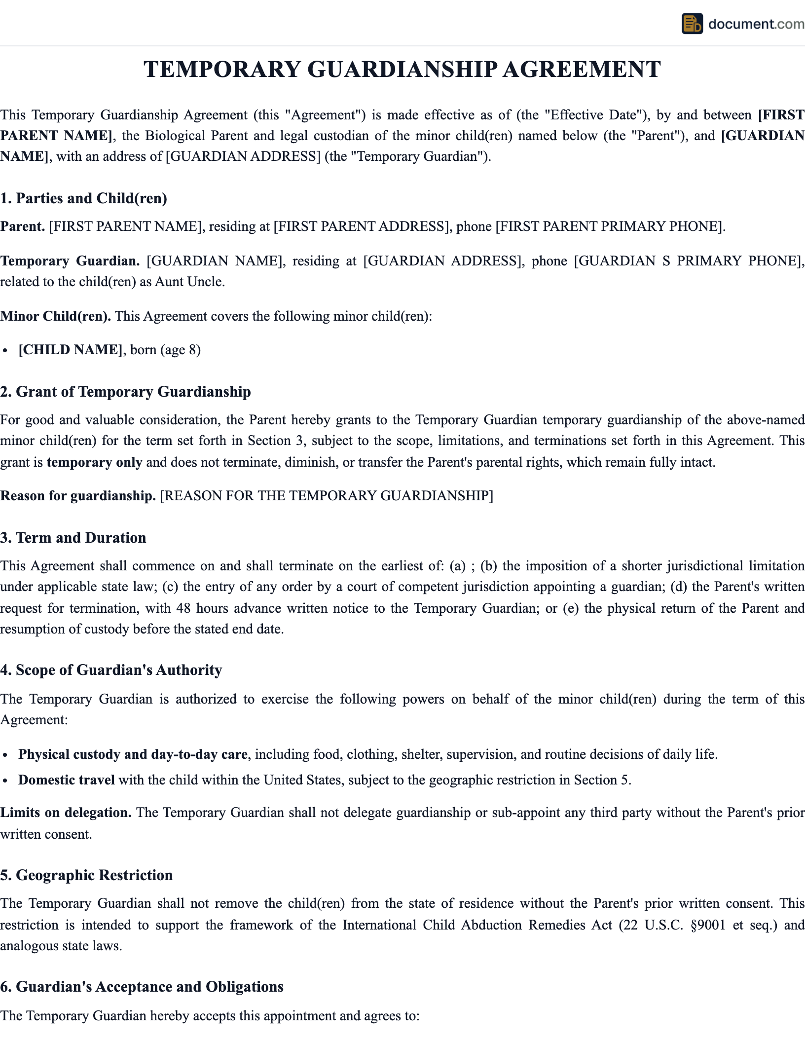 Temporary Guardianship Agreement preview