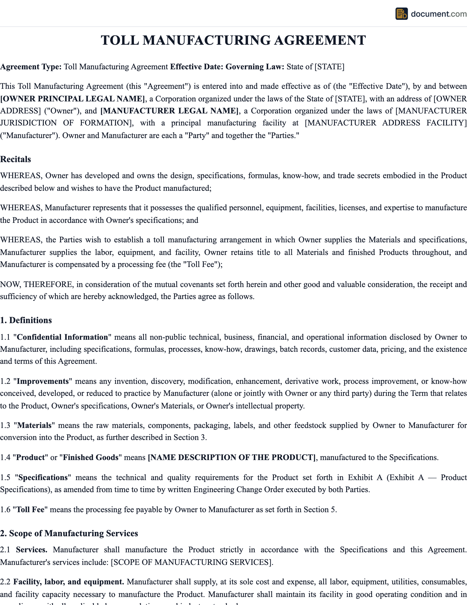 Toll Manufacturing Agreement preview