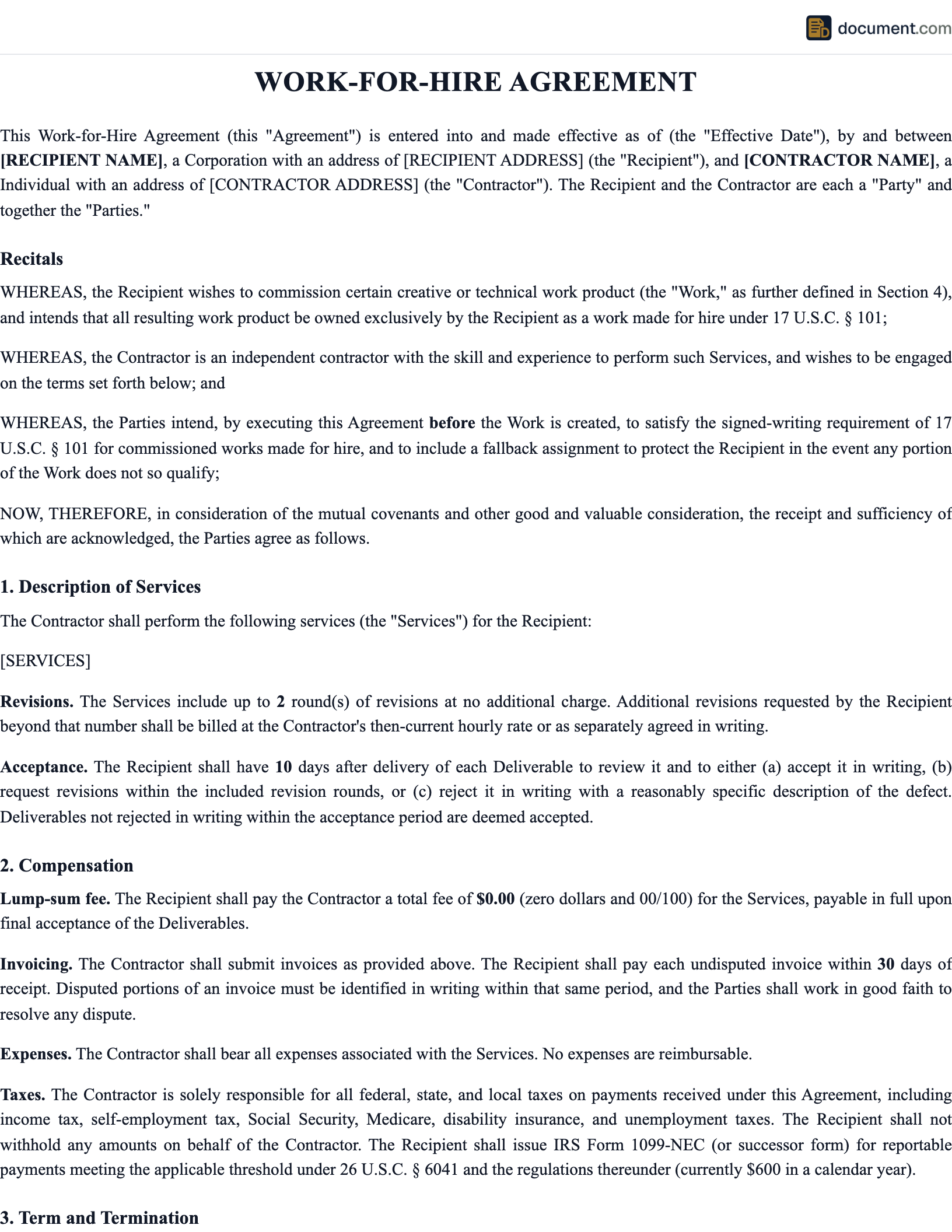 Work for Hire Agreement preview